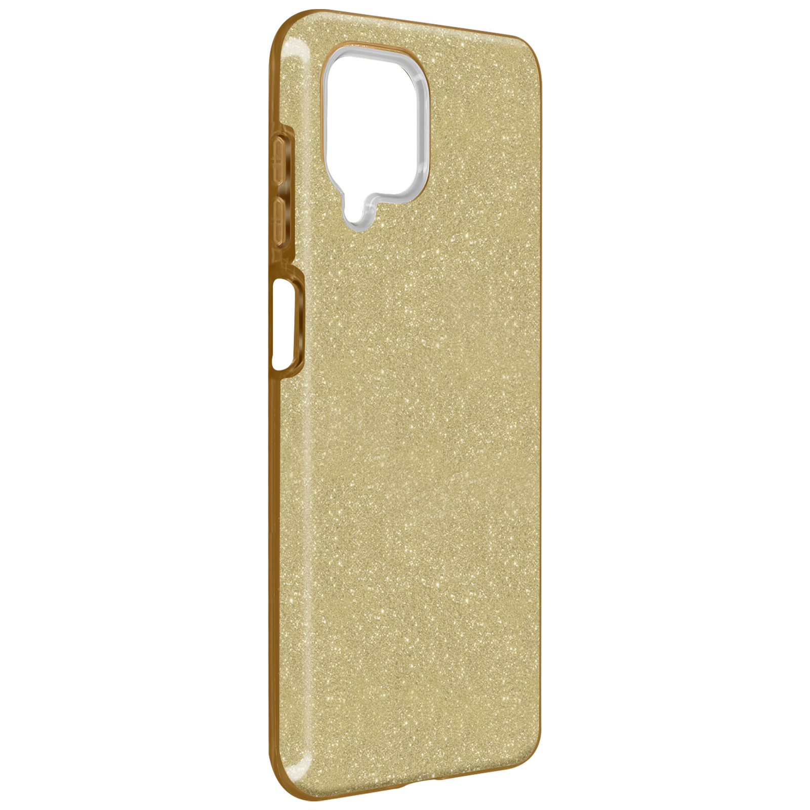Coque de téléphone dorée à paillettes avec découpe pour l'appareil photo, vue en angle, sur fond blanc.
