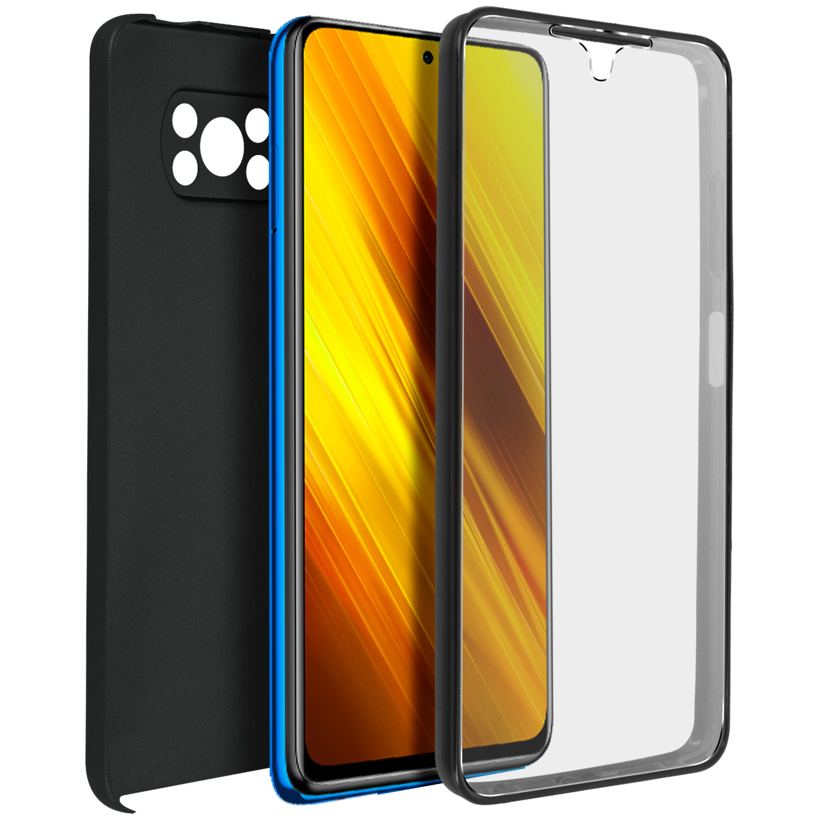 Telefono con cornice blu, custodia protettiva e protezione schermo. Lo schermo è visibile.