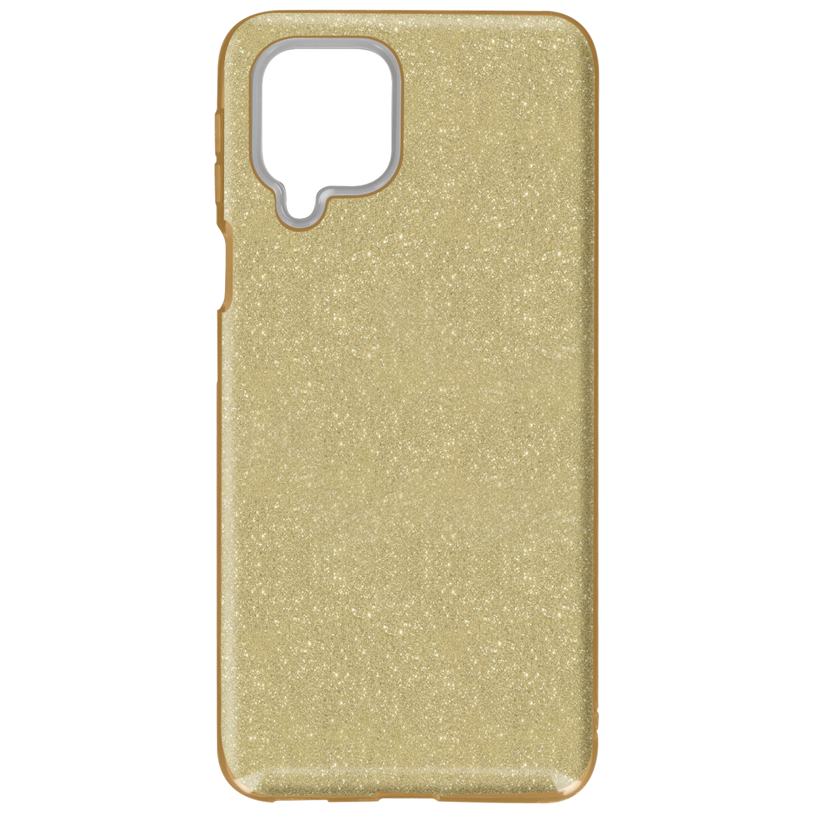 Une coque de téléphone dorée à paillettes. La coque est brillante et a une ouverture pour la caméra.