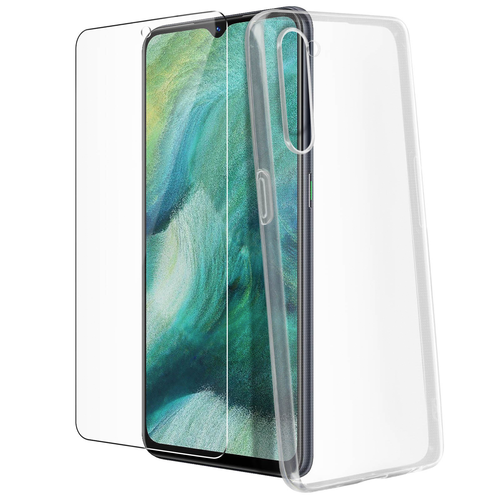 Uno smartphone con protezione schermo e una custodia trasparente.