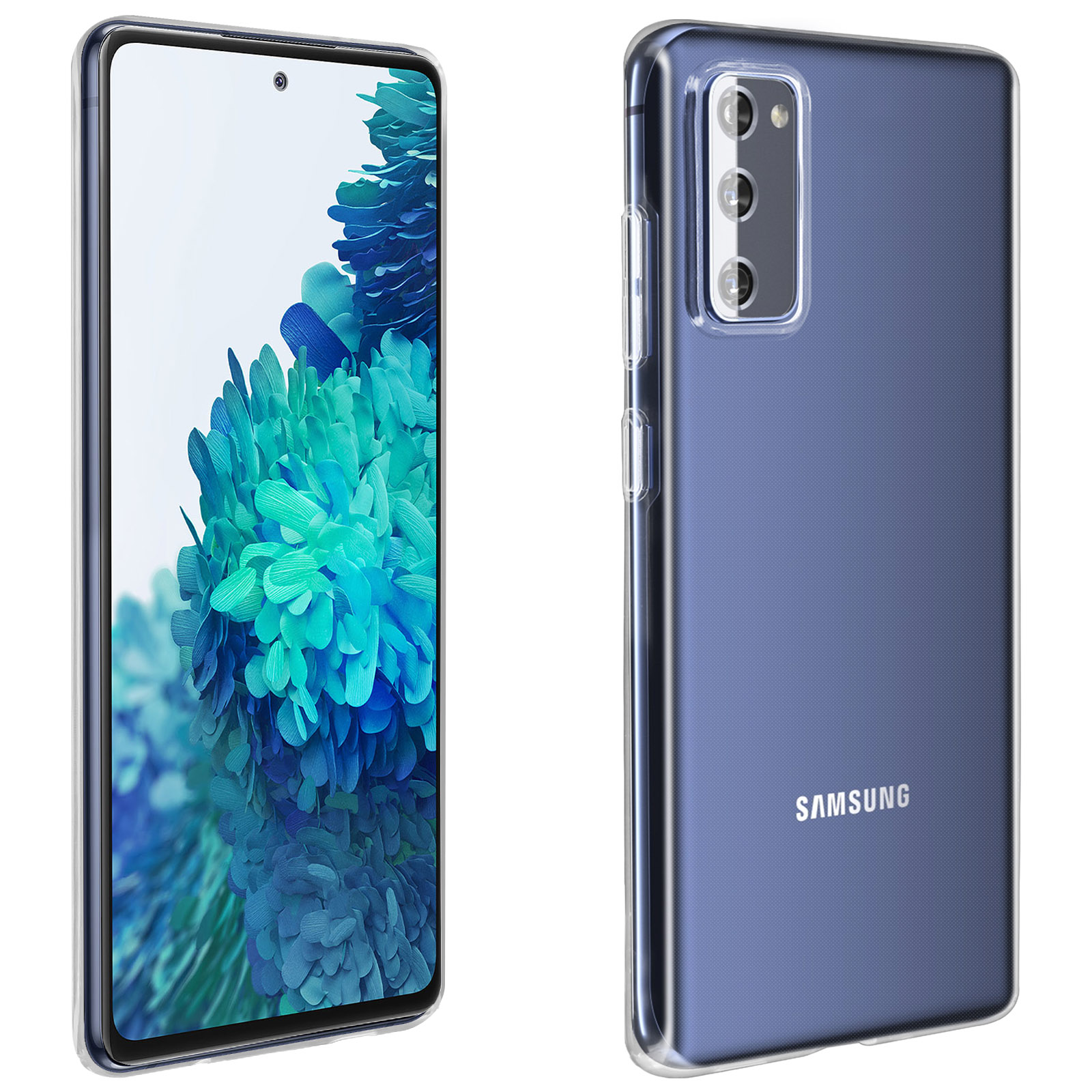 Due telefoni in custodie trasparenti. Uno mostra un'immagine floreale blu, l'altro un logo Samsung.