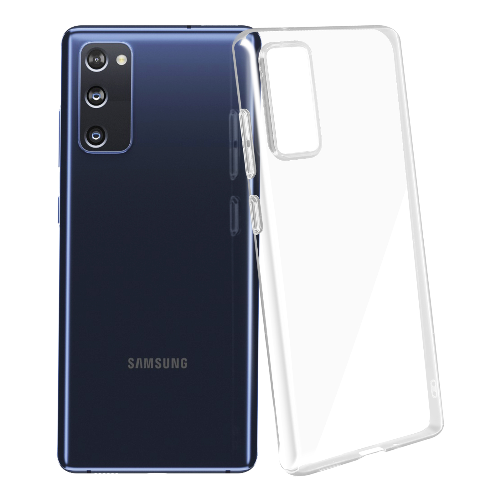 Retro del telefono blu e custodia trasparente. Tre lenti della fotocamera e il logo Samsung.
