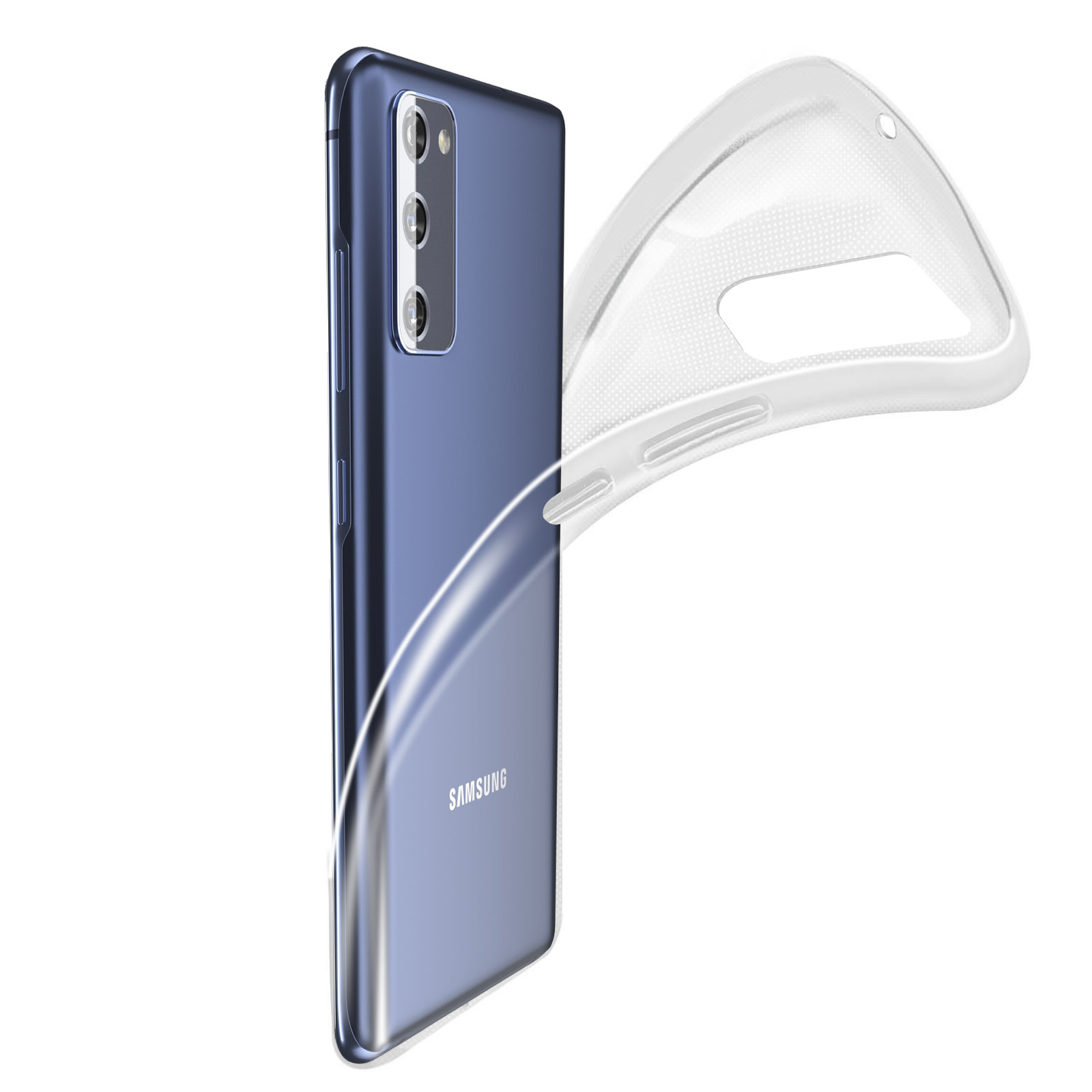 Telefono blu con custodia trasparente in fase di posizionamento, con sfondo bianco sfocato.