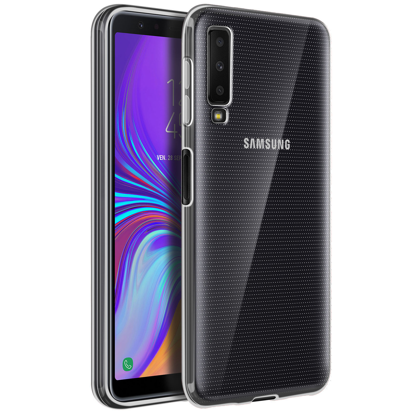Telefon mit Hülle und Displayschutz. Telefon ist schwarz, Hülle schwarz, Schutz klar und gepunktet.