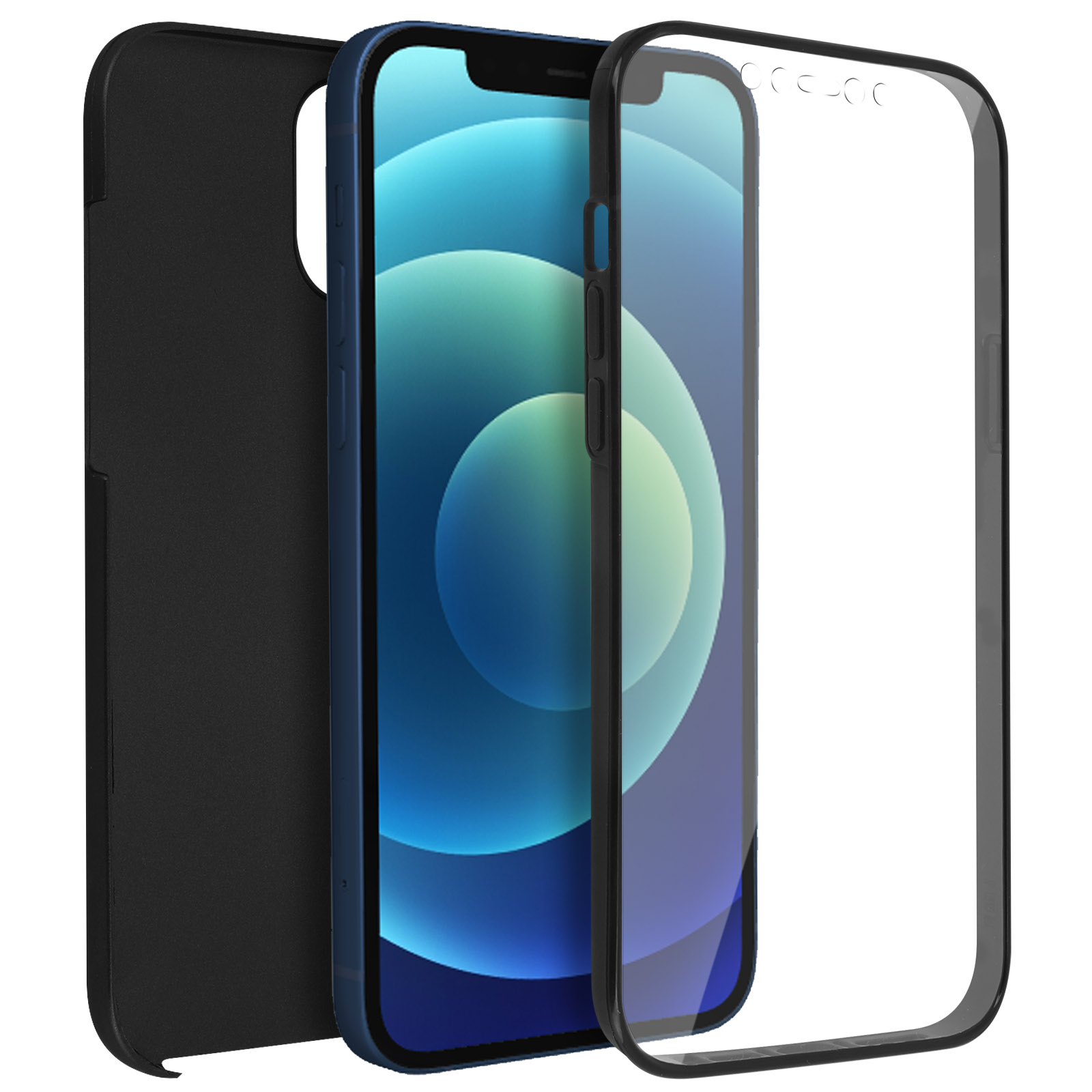 Blauwe telefoon met zwarte hoes en heldere schermbeschermer, op witte achtergrond.