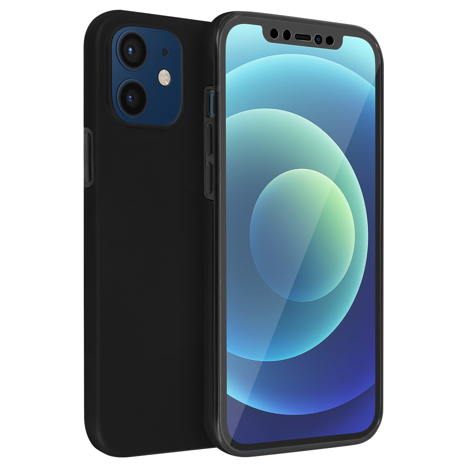 Zwarte telefoon met zwarte hoes. Het scherm staat aan.