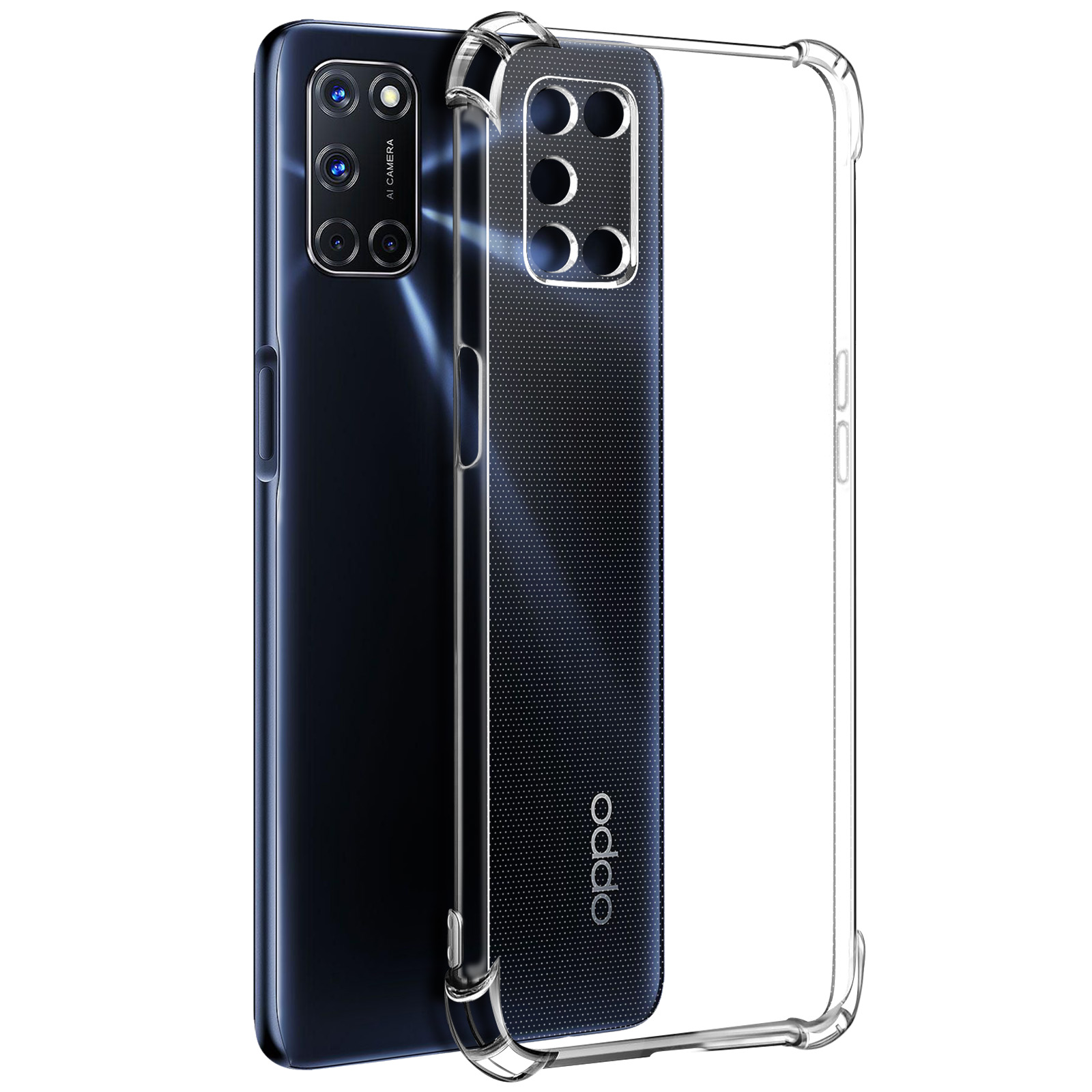 Telefono Oppo nero in una custodia trasparente. La custodia evidenzia la fotocamera e il logo del telefono. Il telefono è su una superficie bianca.