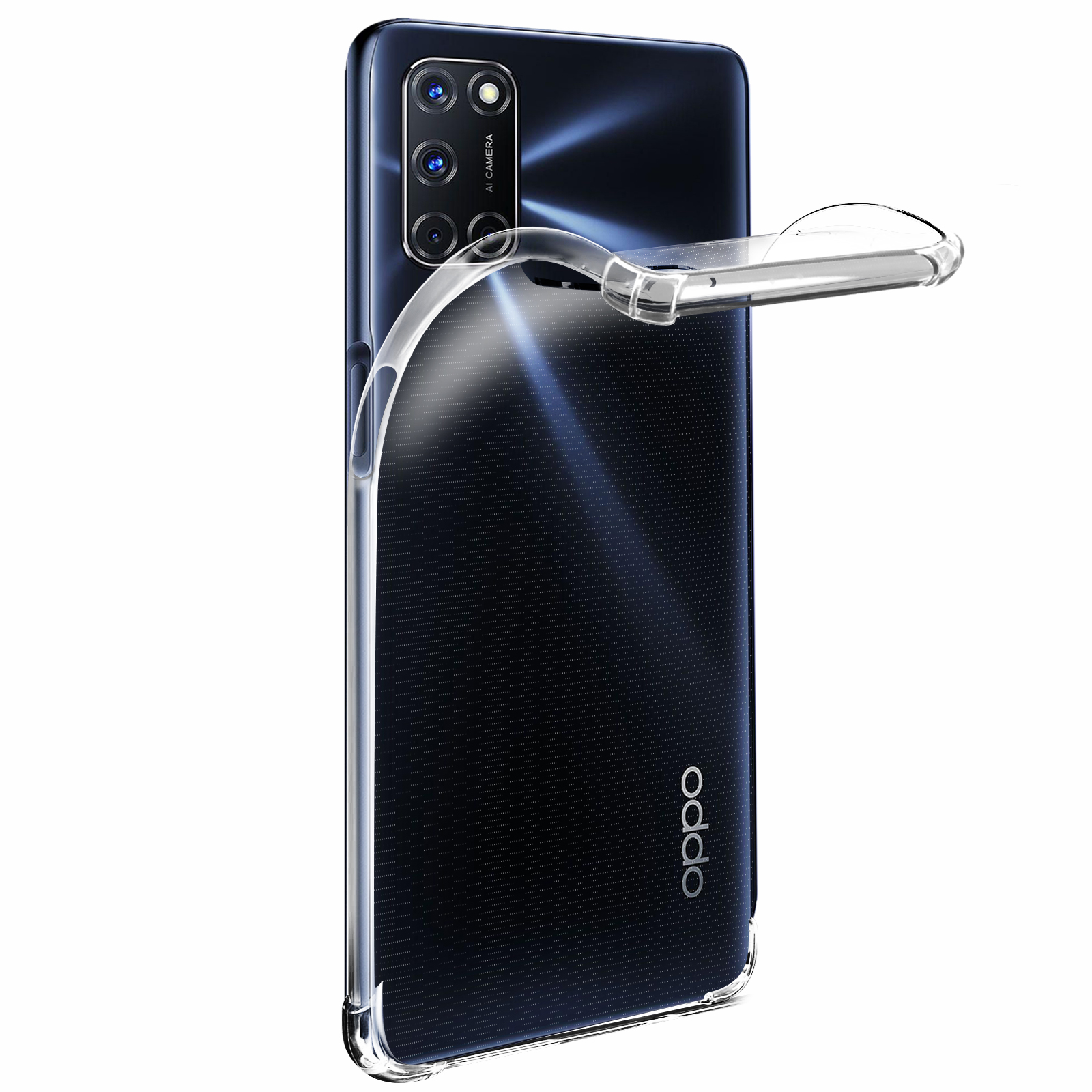 Un telefono con una custodia trasparente che viene rimossa. Il telefono è nero con il logo OPPO.