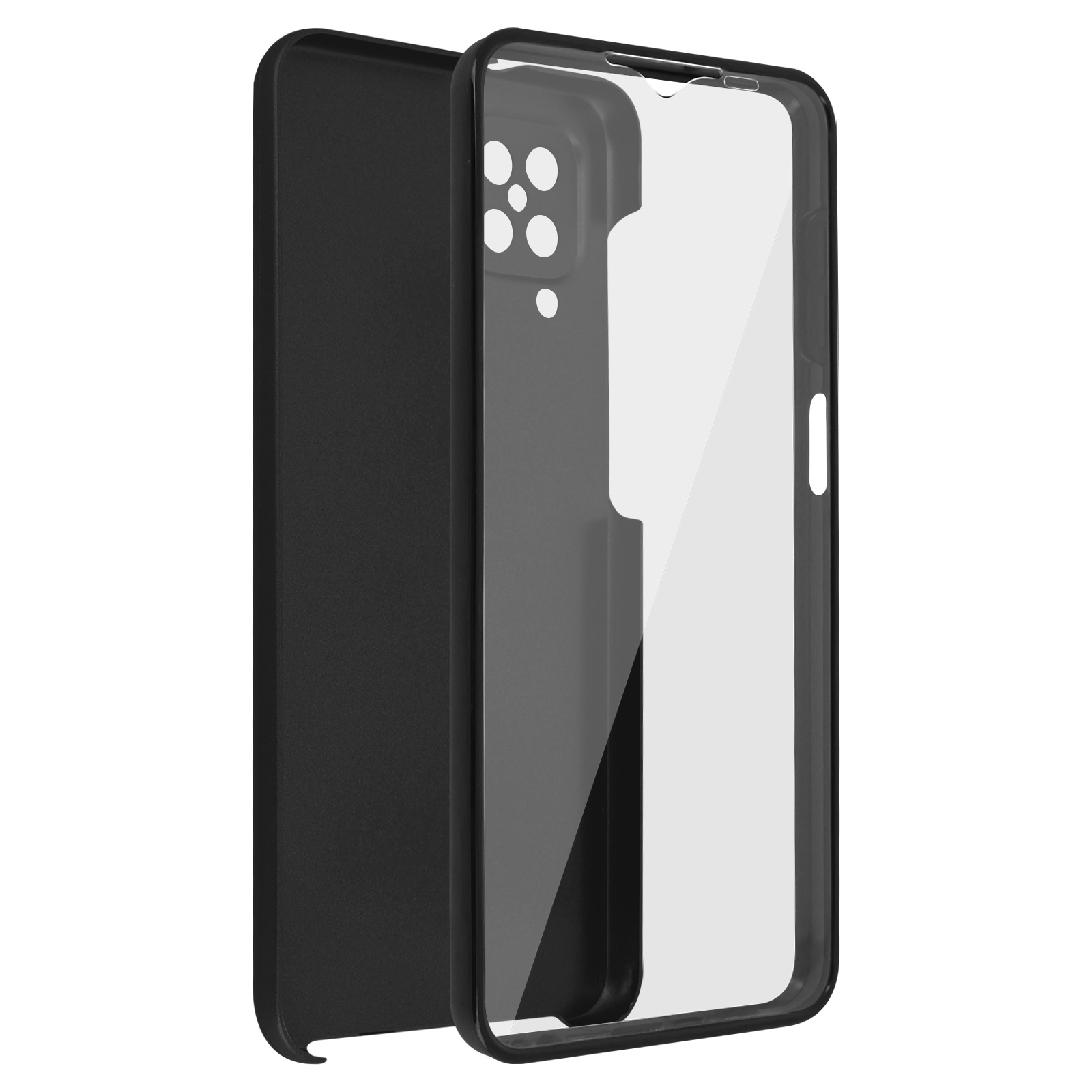 Zwarte telefoonhoes in twee delen. De telefoon is niet zichtbaar. De hoes is zwart.