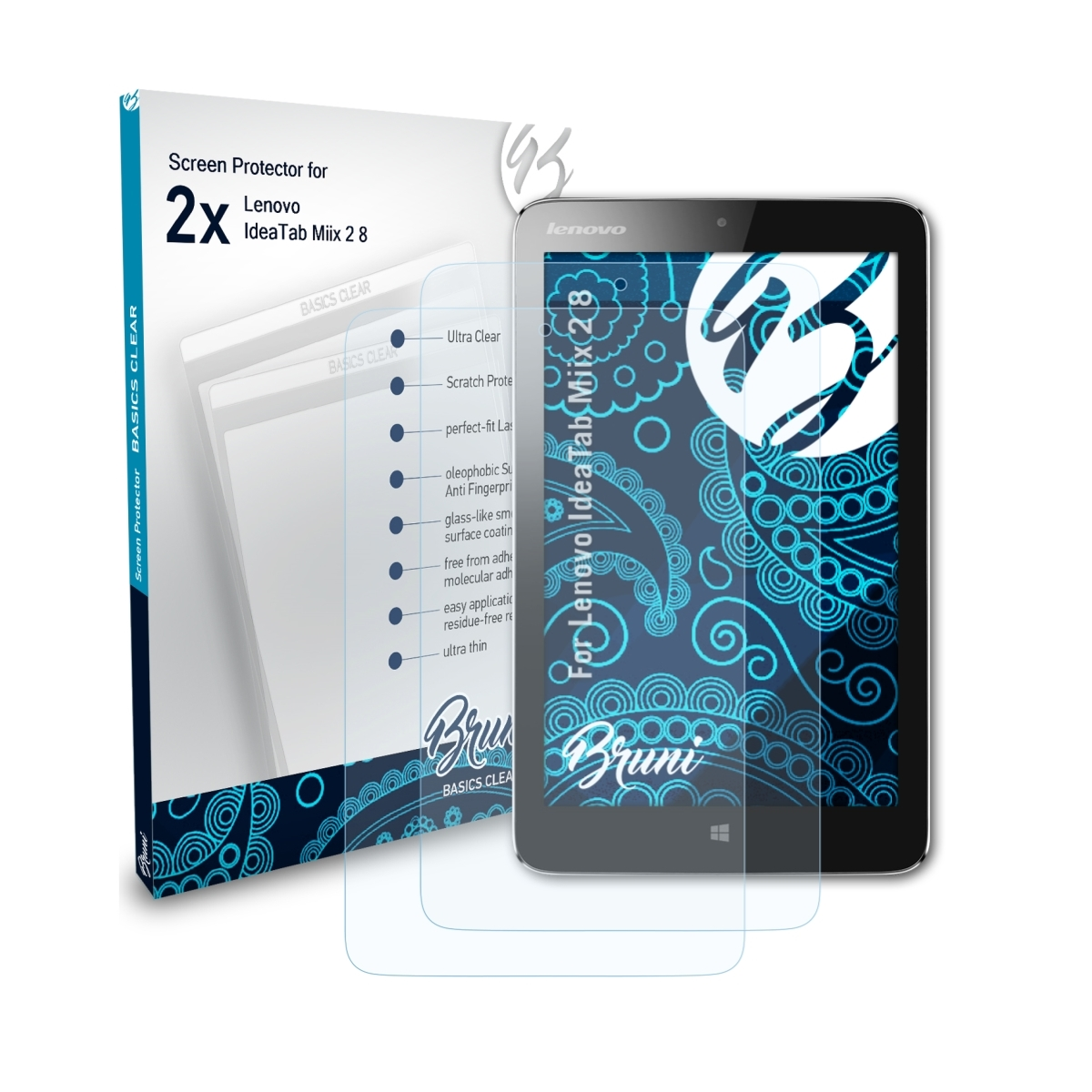 BRUNI 2x Basics-Clear Lenovo 2 IdeaTab Miix 8) Schutzfolie(für