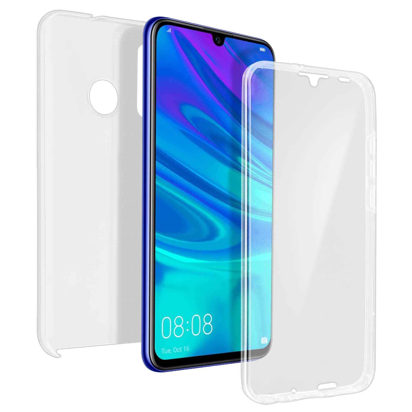 Deux pièces de coque de téléphone transparentes, avec un téléphone à l'intérieur, sur fond blanc. Le téléphone a un écran.