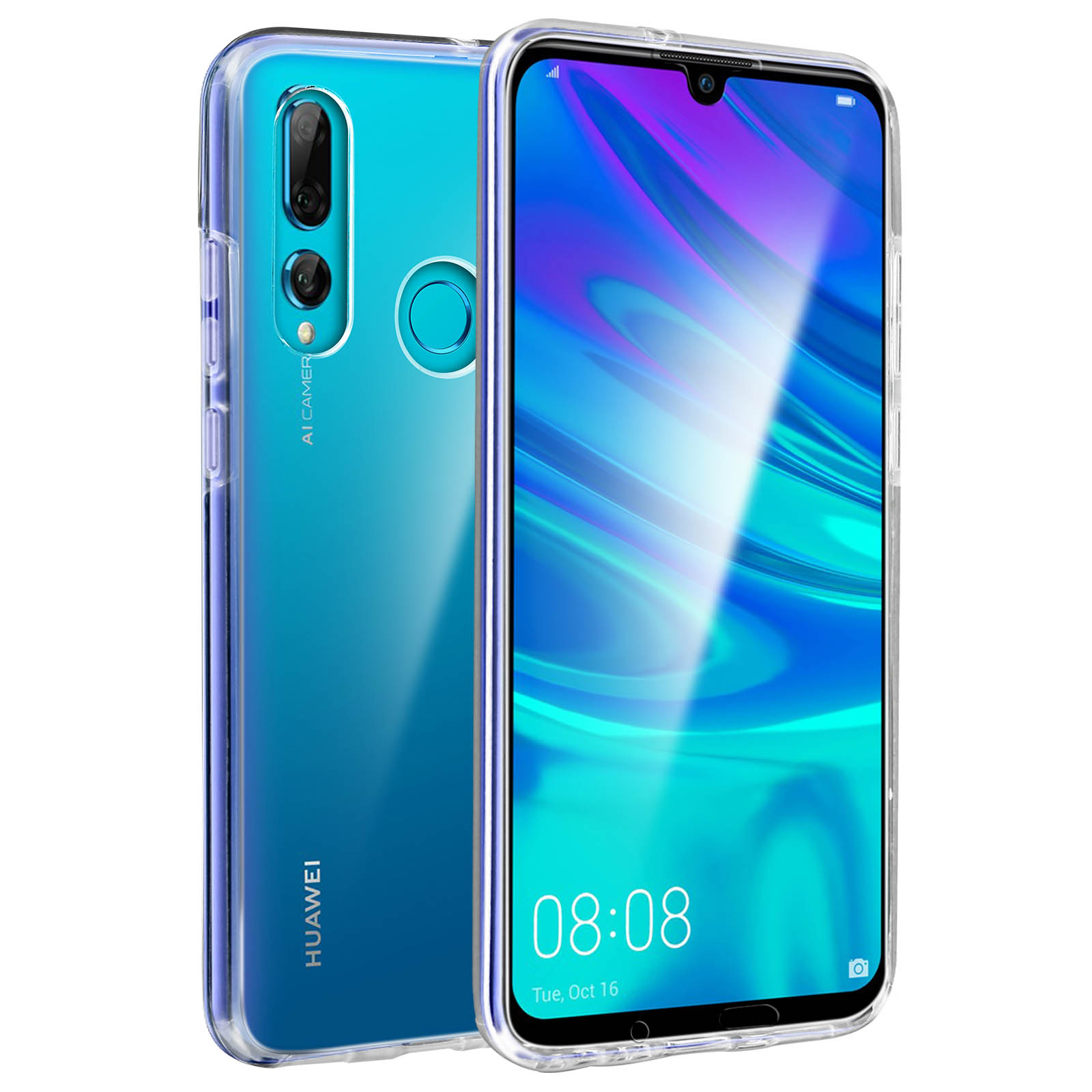 Un téléphone avec un étui transparent, montrant l'arrière et l'avant du téléphone.