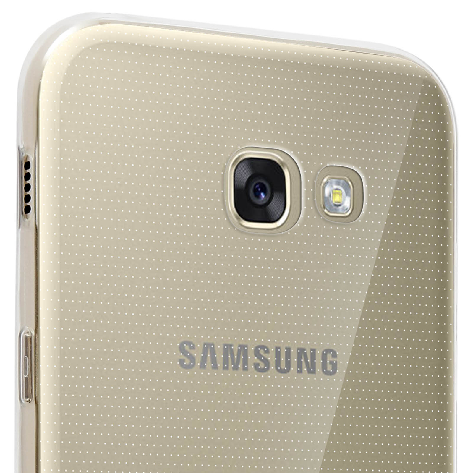 Primo piano di un telefono dorato con cover trasparente. La cover ha fotocamera e flash.