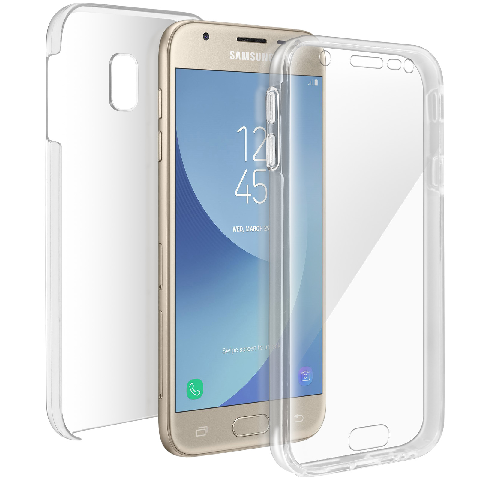 Un telefono d'oro con due custodie trasparenti. Una custodia è sul telefono e una è separata, mostrando il telefono.