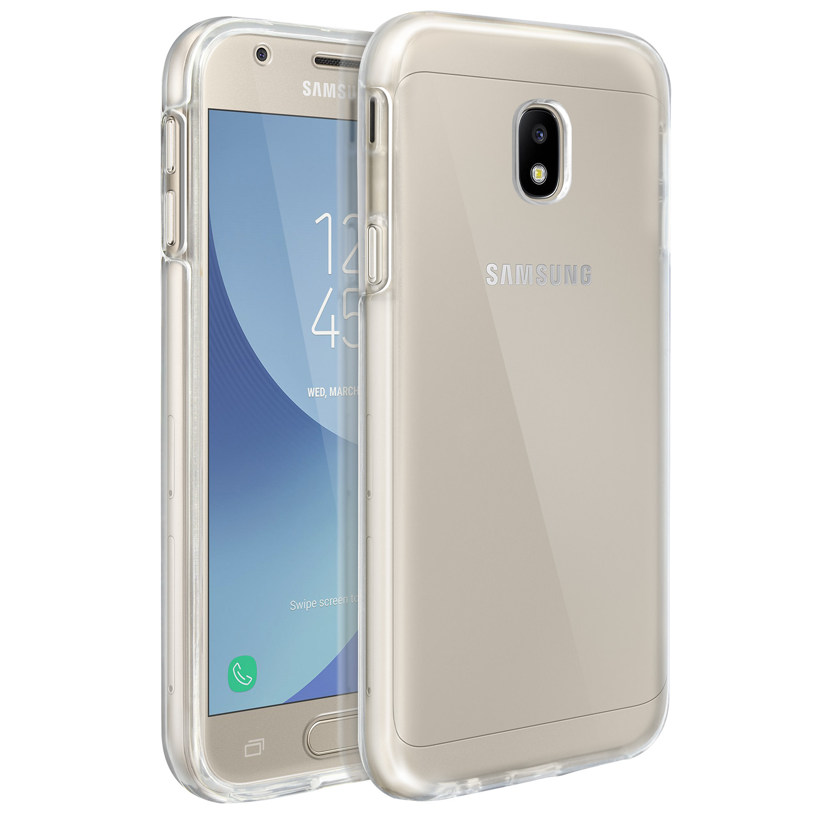 Telefono in custodia trasparente. Telefono su superficie bianca. L'ora è 12:45.
