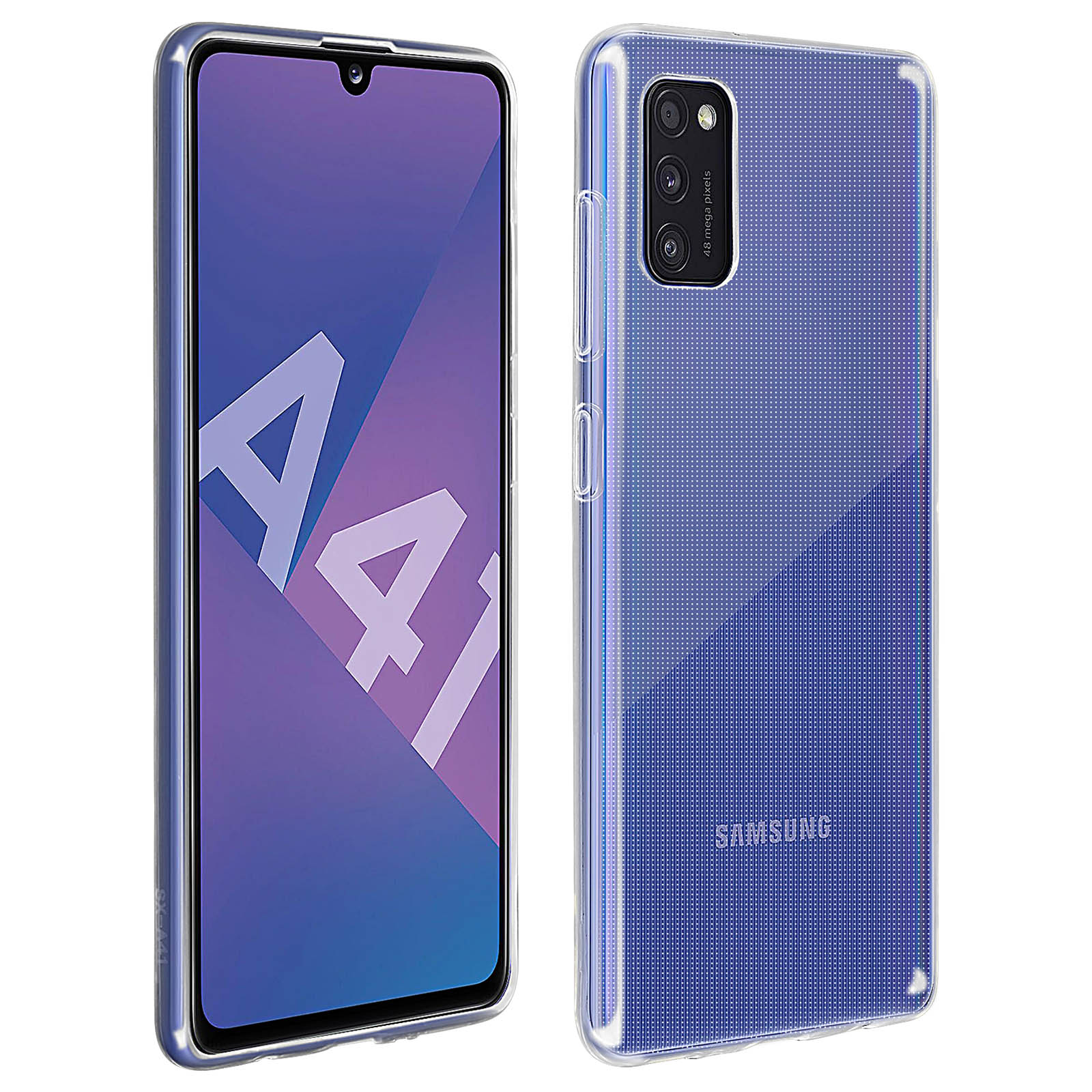 Telefoon in een doorzichtige hoes. De telefoon is blauw met een multi-camera setup.