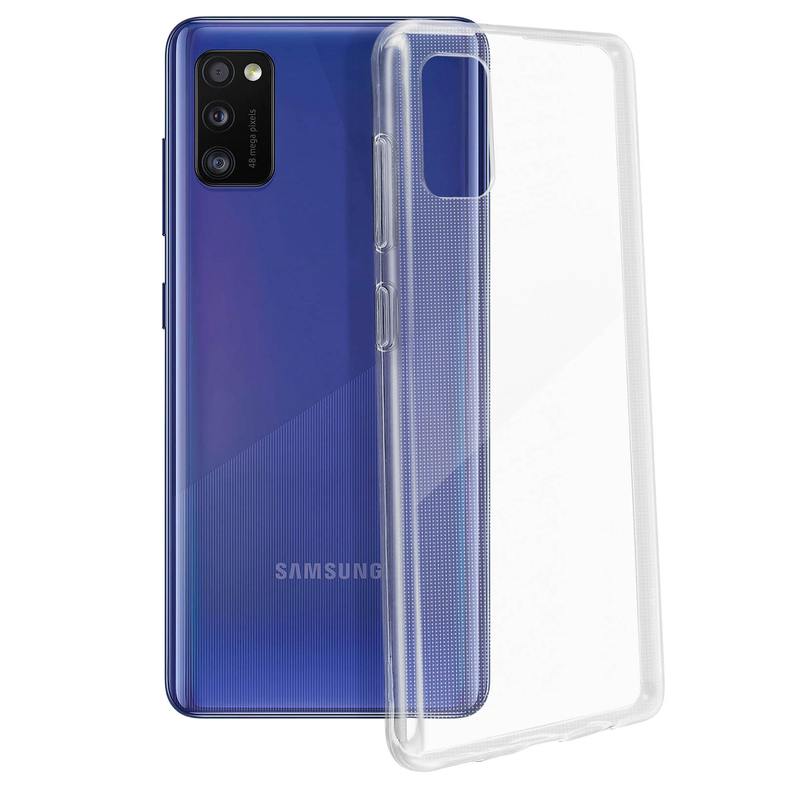 Blauwe telefoon met doorzichtig hoesje, cameradetails zichtbaar en het Samsung logo.