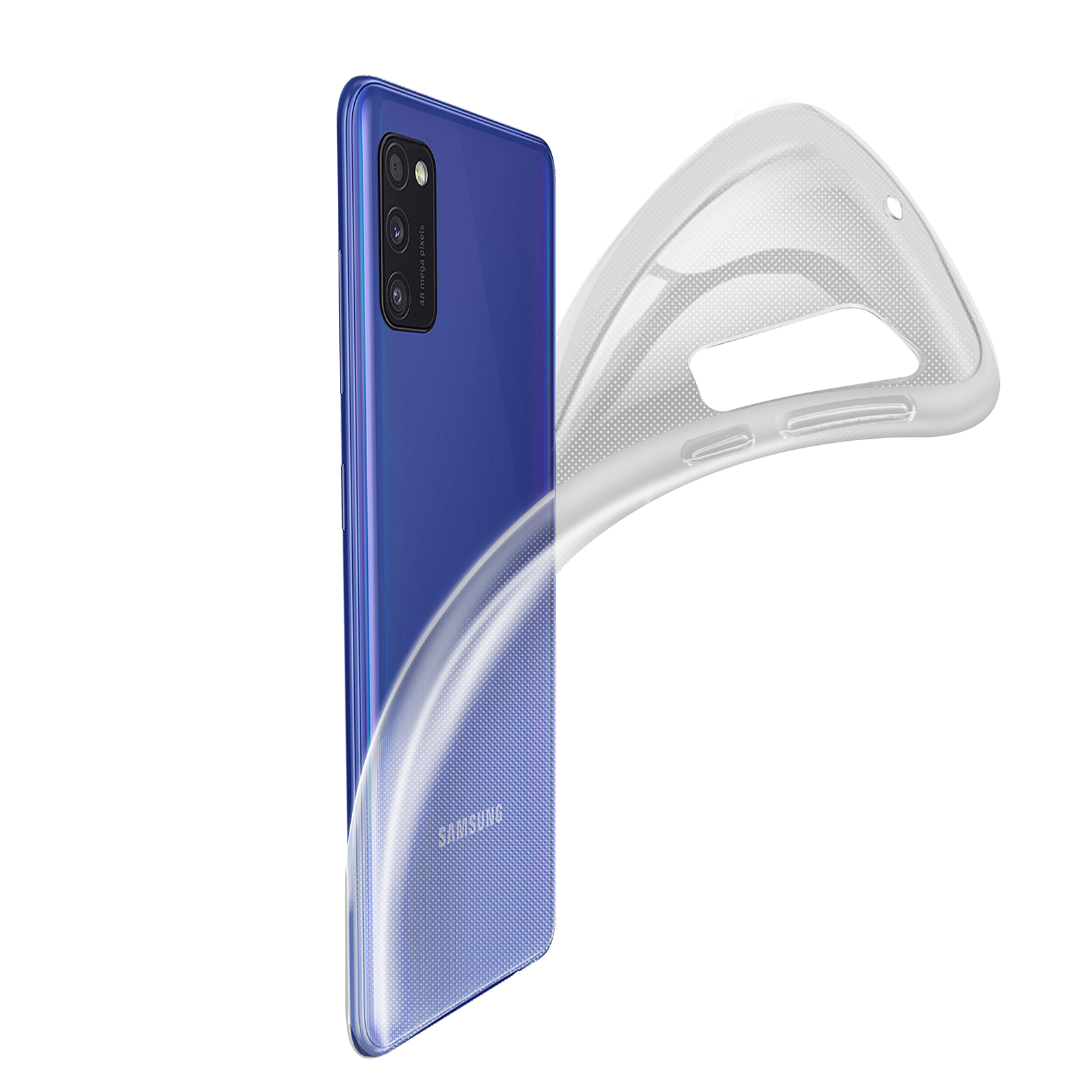 Een blauwe Samsung-telefoon en een doorzichtige hoes, de hoes is iets van de telefoon af.