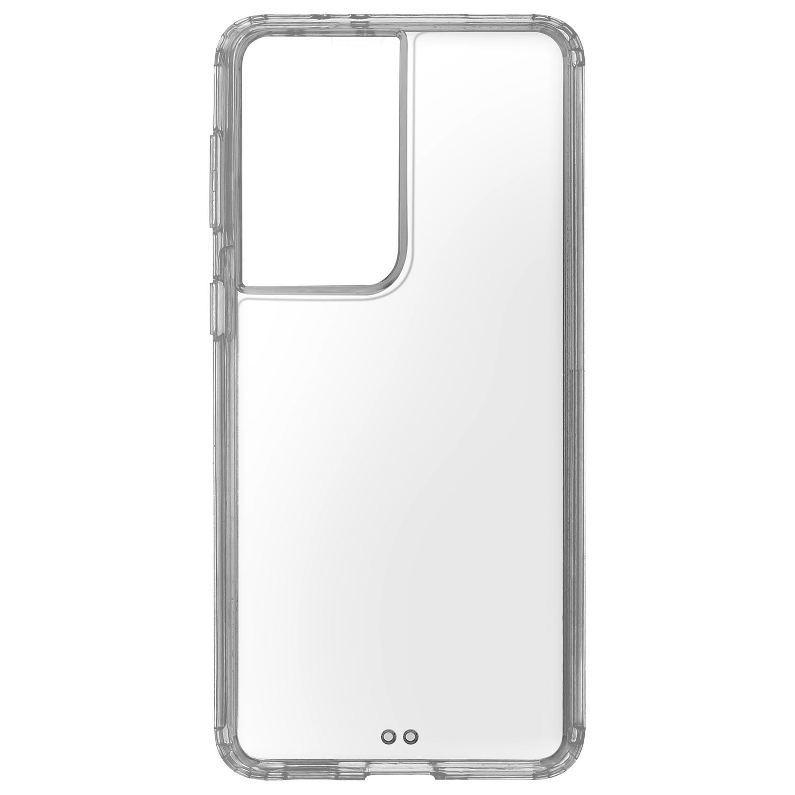 Una custodia trasparente per telefono con un ritaglio per la fotocamera. La custodia è trasparente.