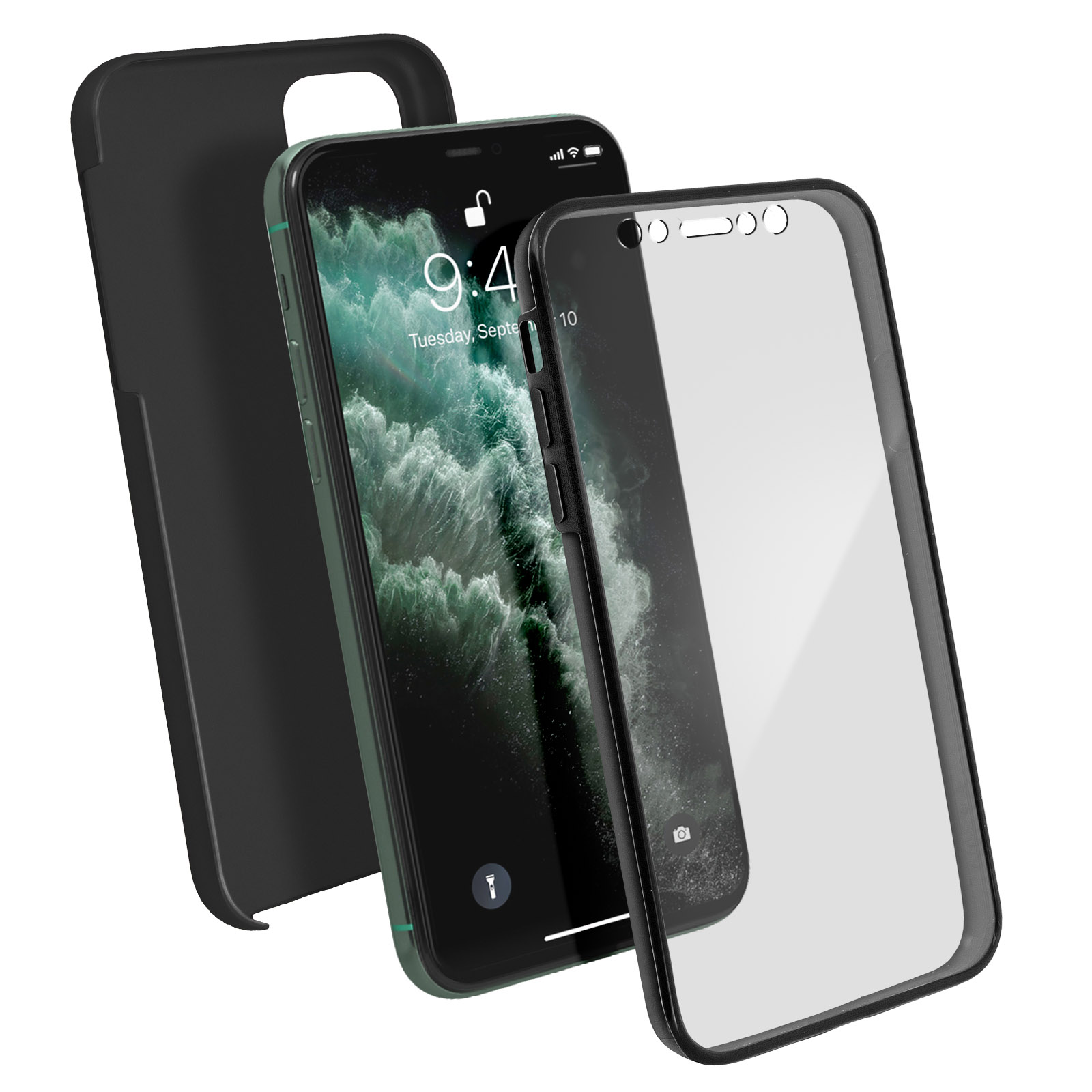 Smartphone avec un protecteur d'écran et une coque noire.