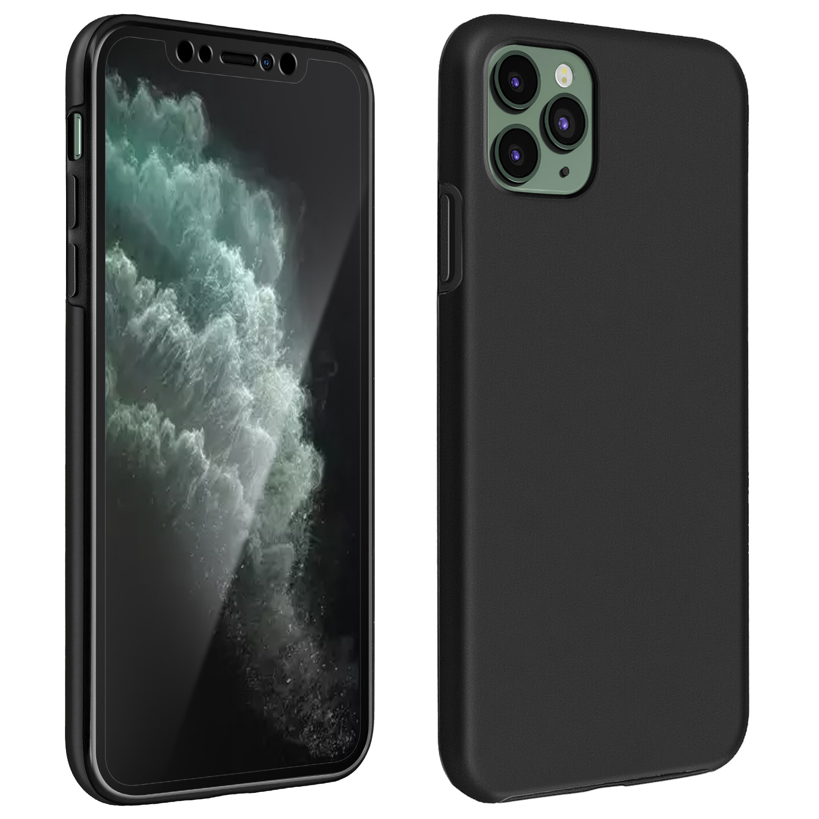 Téléphone et coque noirs. Le téléphone a trois caméras. Fond blanc.