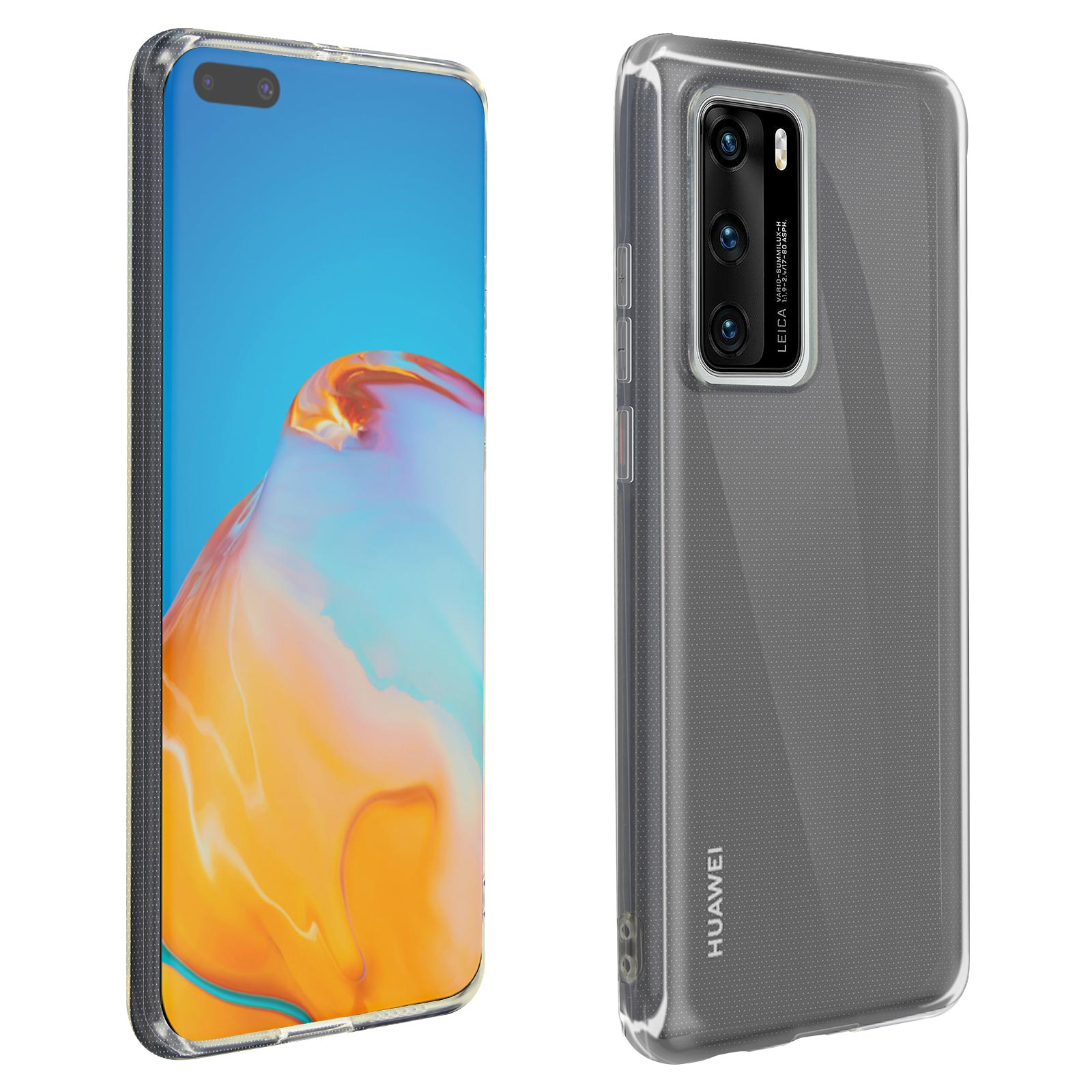 Téléphone avec étui transparent. Le téléphone a un écran bleu, deux caméras et un étui de protection transparent.