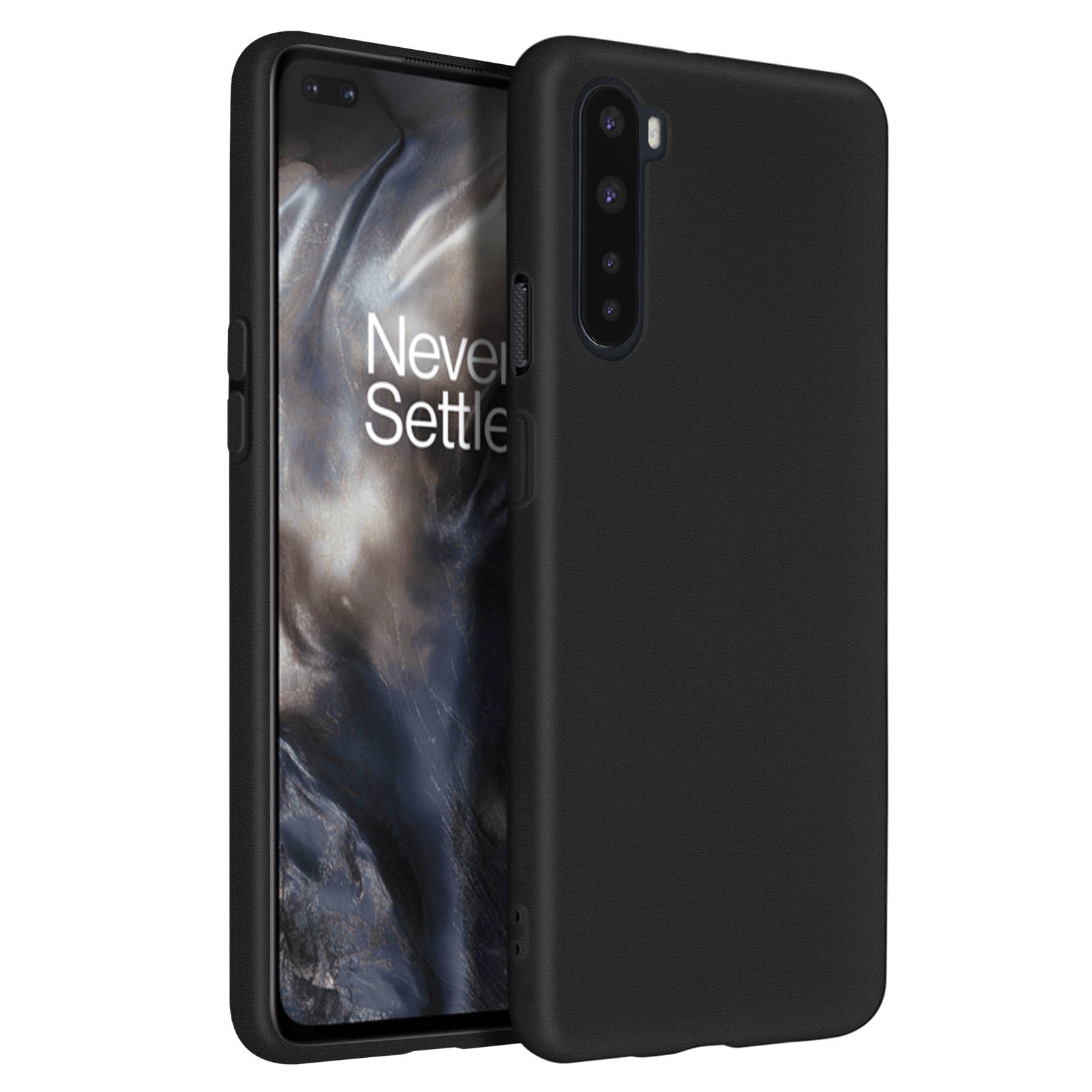 Custodia nera su un telefono. Il telefono ha una tripla fotocamera e le parole Never Settle.