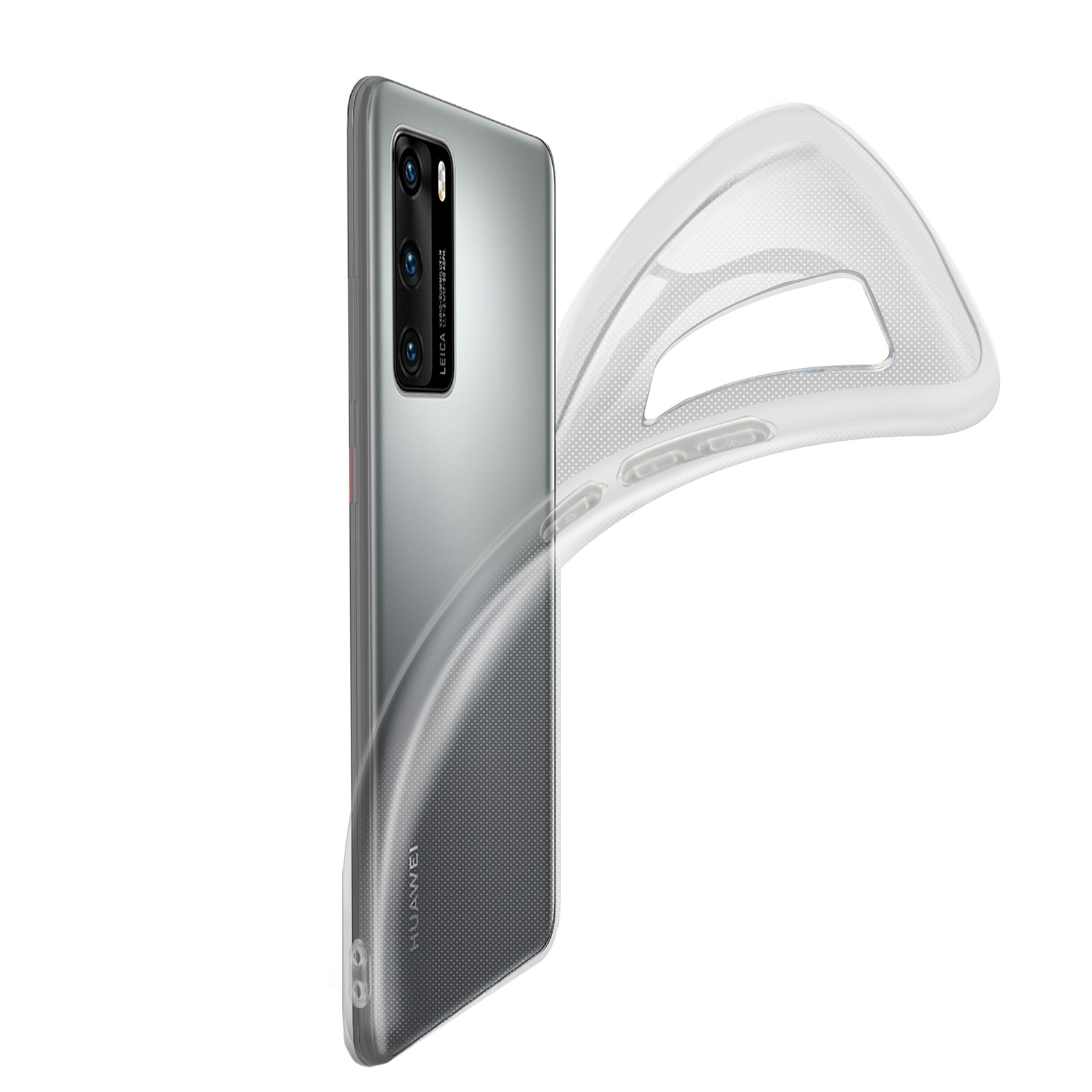 Une coque de téléphone transparente protège un téléphone gris. Le boîtier a un design transparent.