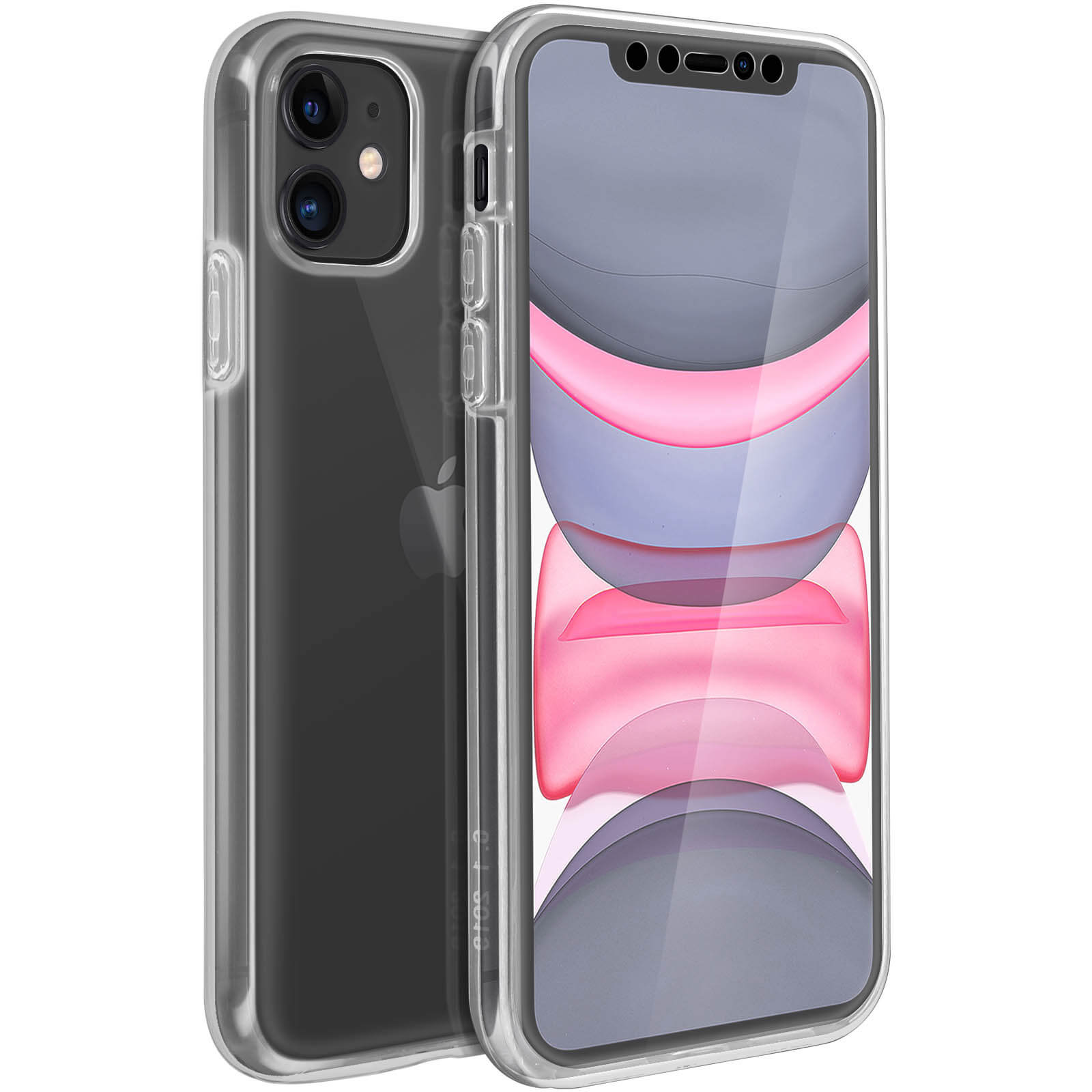 Un iPhone dans un étui transparent. L'étui est transparent avec un dos clair.