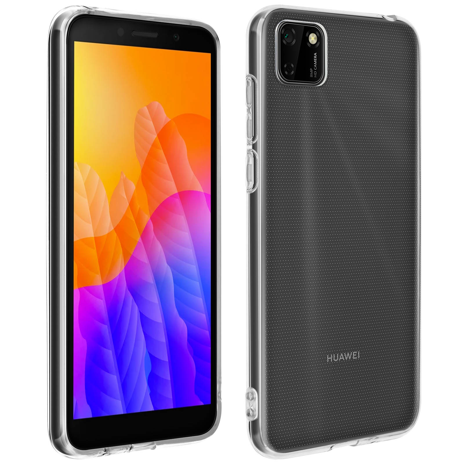 Een telefoon in een doorzichtige case. De telefoon heeft een scherm. De case is doorzichtig met een patroon.