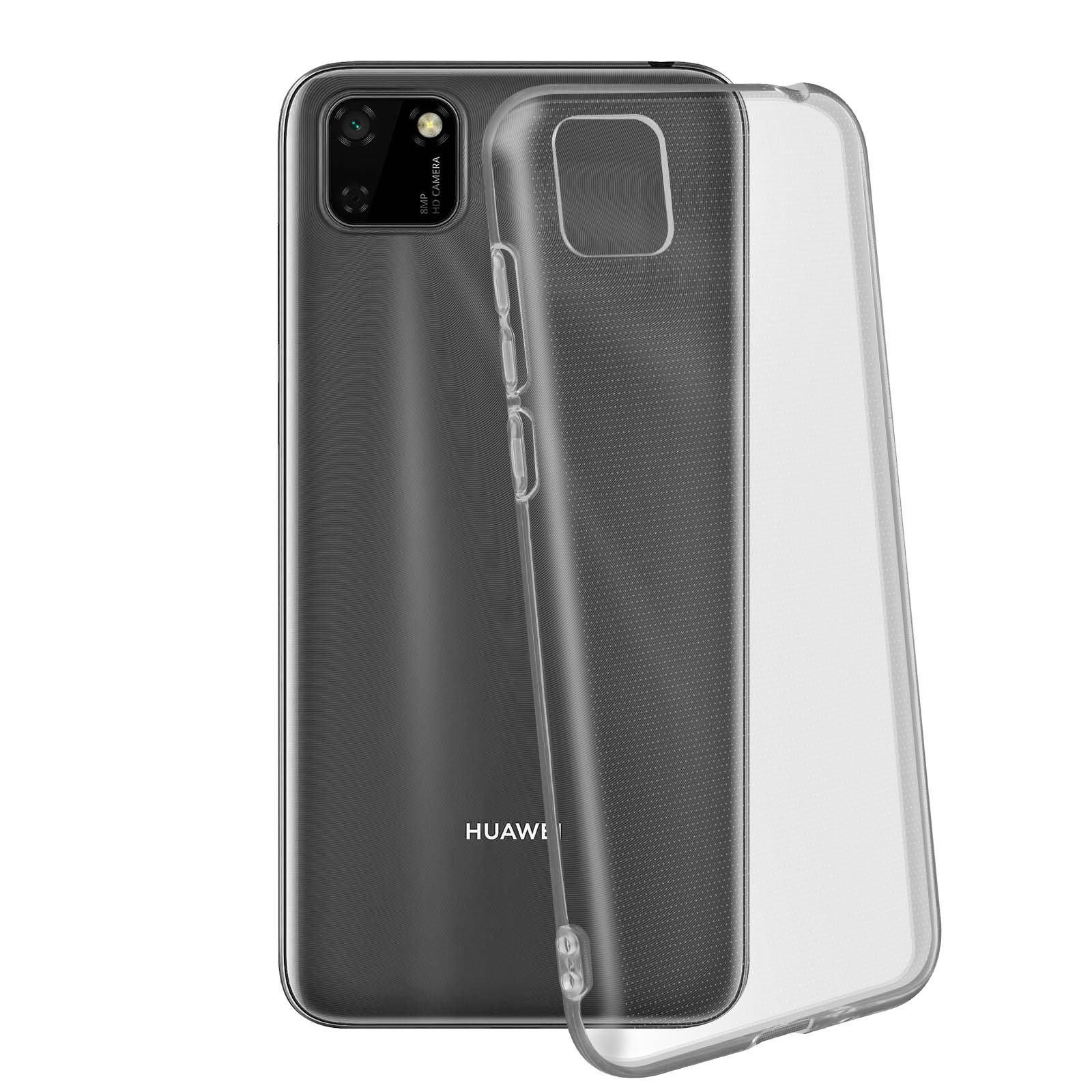 Grijze telefoon met een transparante hoes. Witte achtergrond.