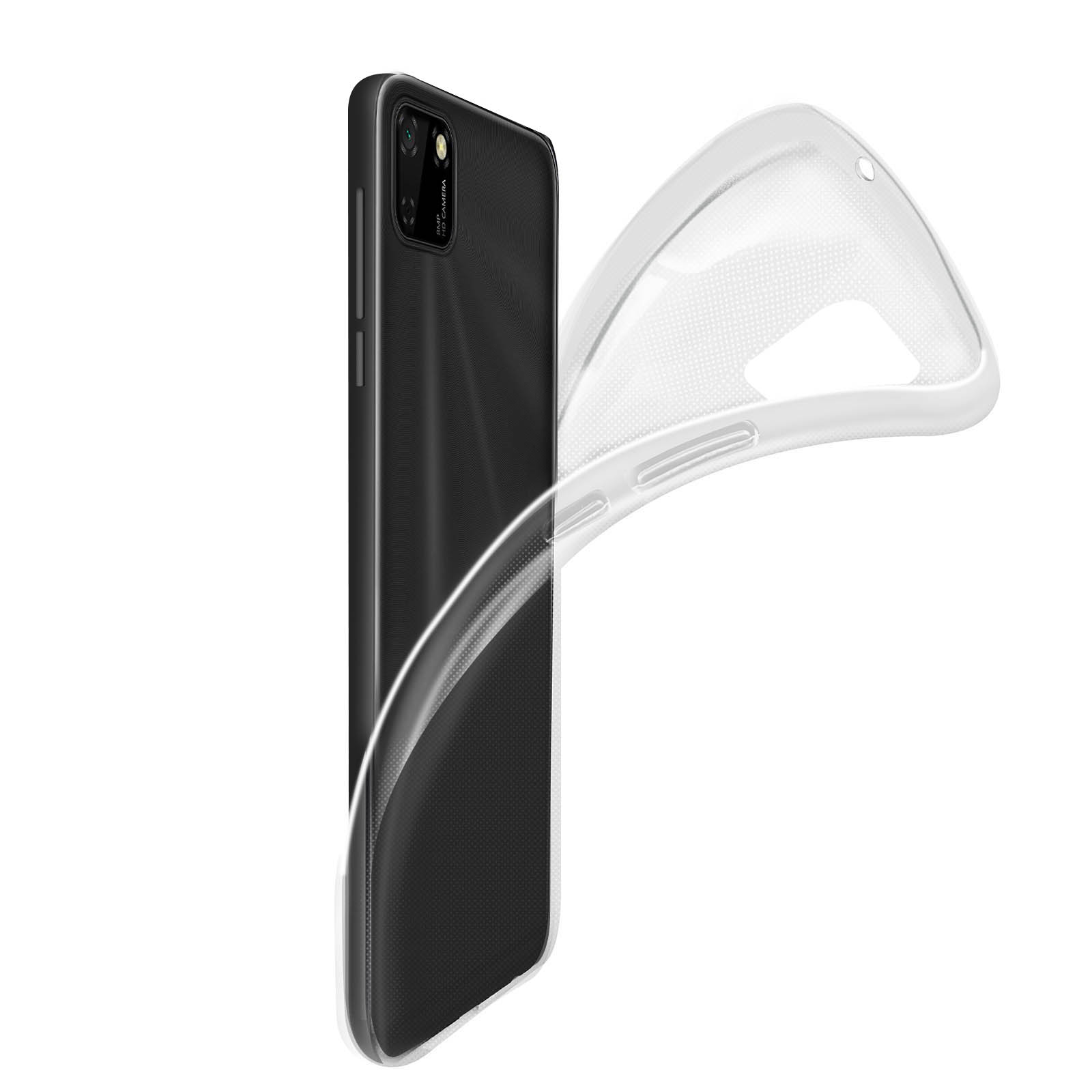 Telefoonhoesje met een doorzichtige achterkant. Het hoesje zit op een telefoon.