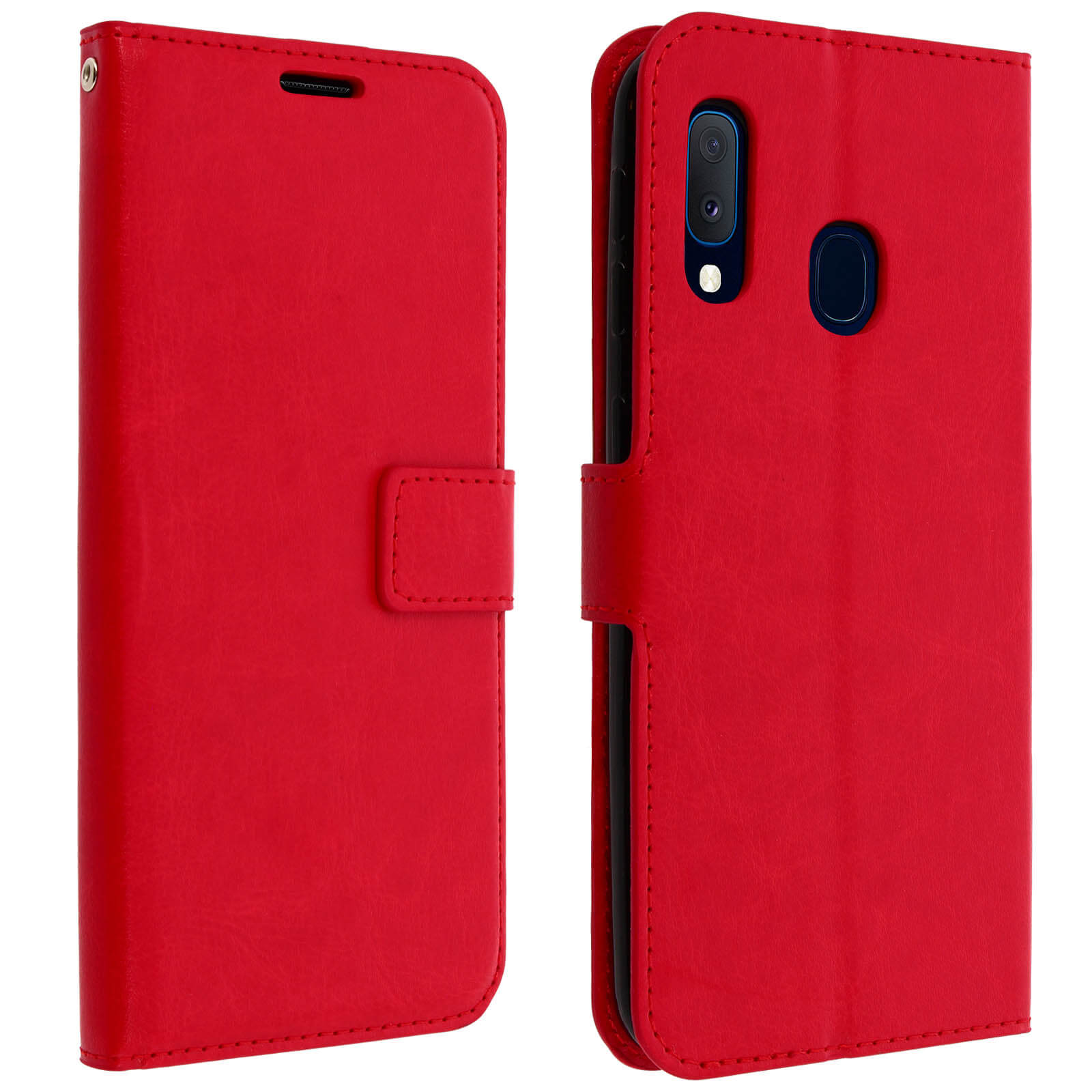 Custodia rossa con telefono. La custodia è a portafoglio con chiusura magnetica.