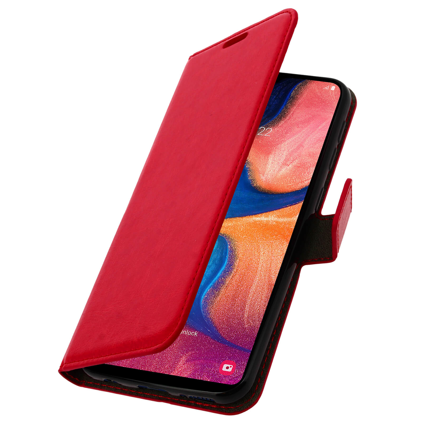 Custodia del telefono rossa aperta, che rivela lo schermo del telefono. Il telefono è su un tavolo di legno.