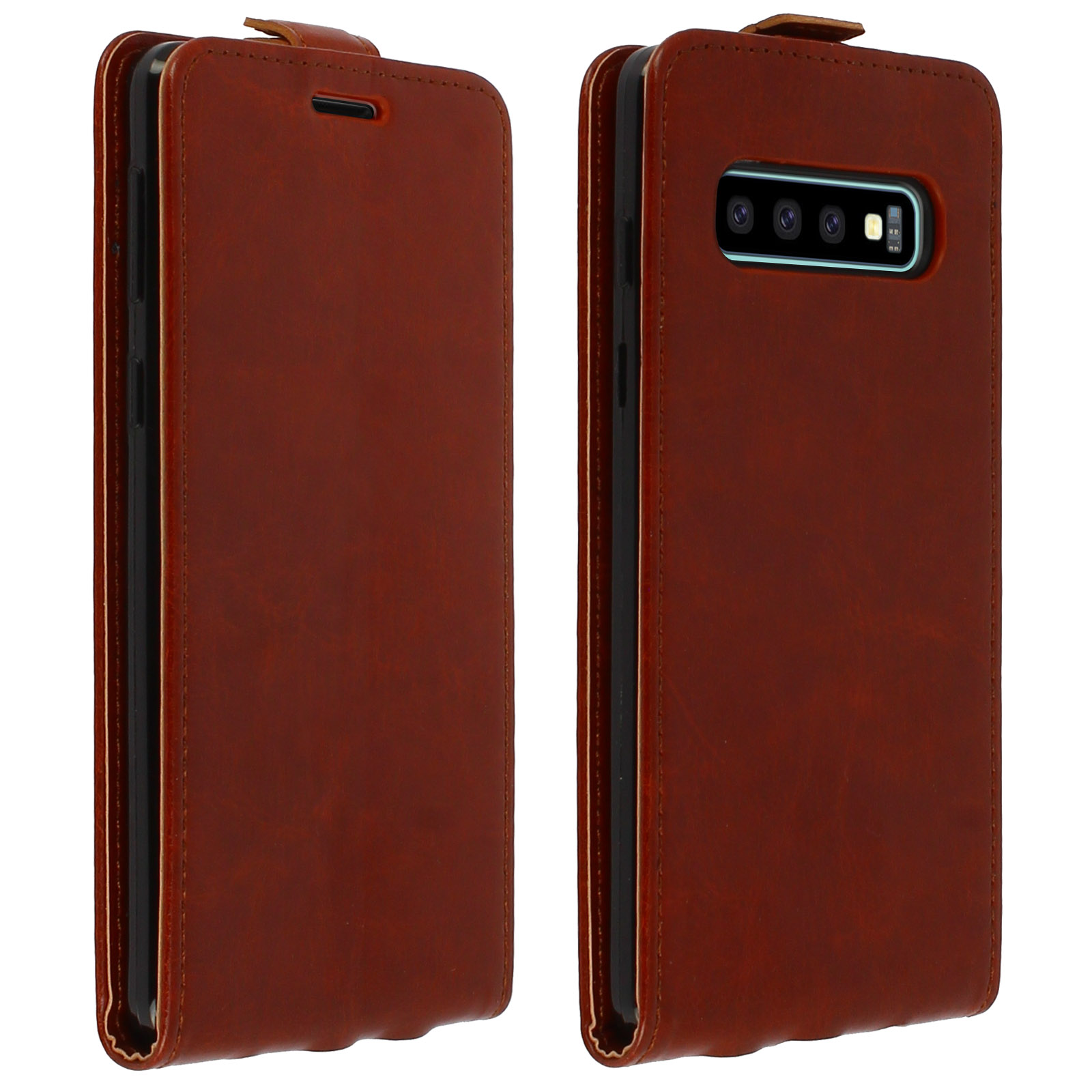 Custodia marrone per telefono, stile flip. Aperta per mostrare il telefono. È marrone.