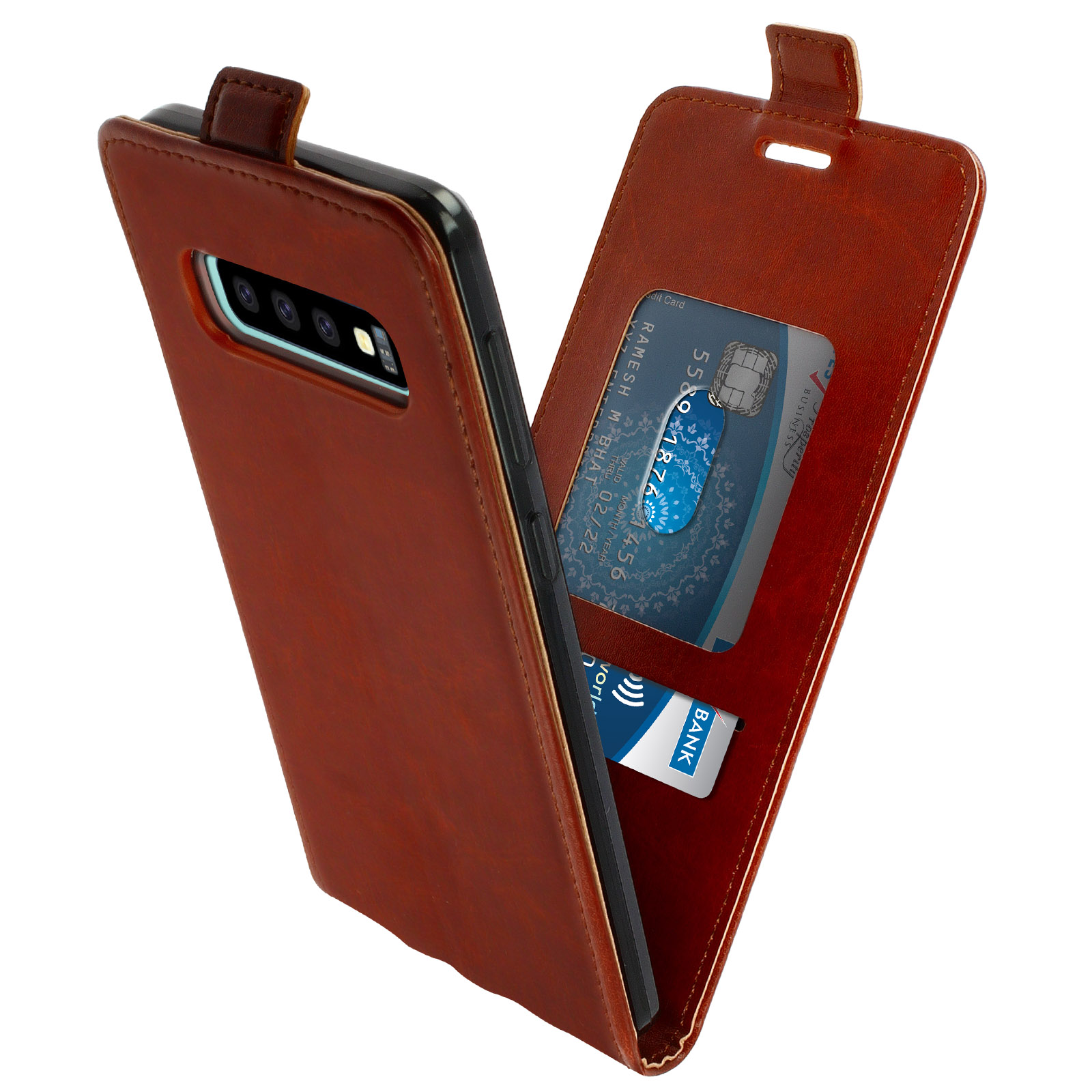 Custodia per telefono in pelle marrone aperta, con carte negli slot. Telefono visibile all'interno, con fotocamera e schermo.
