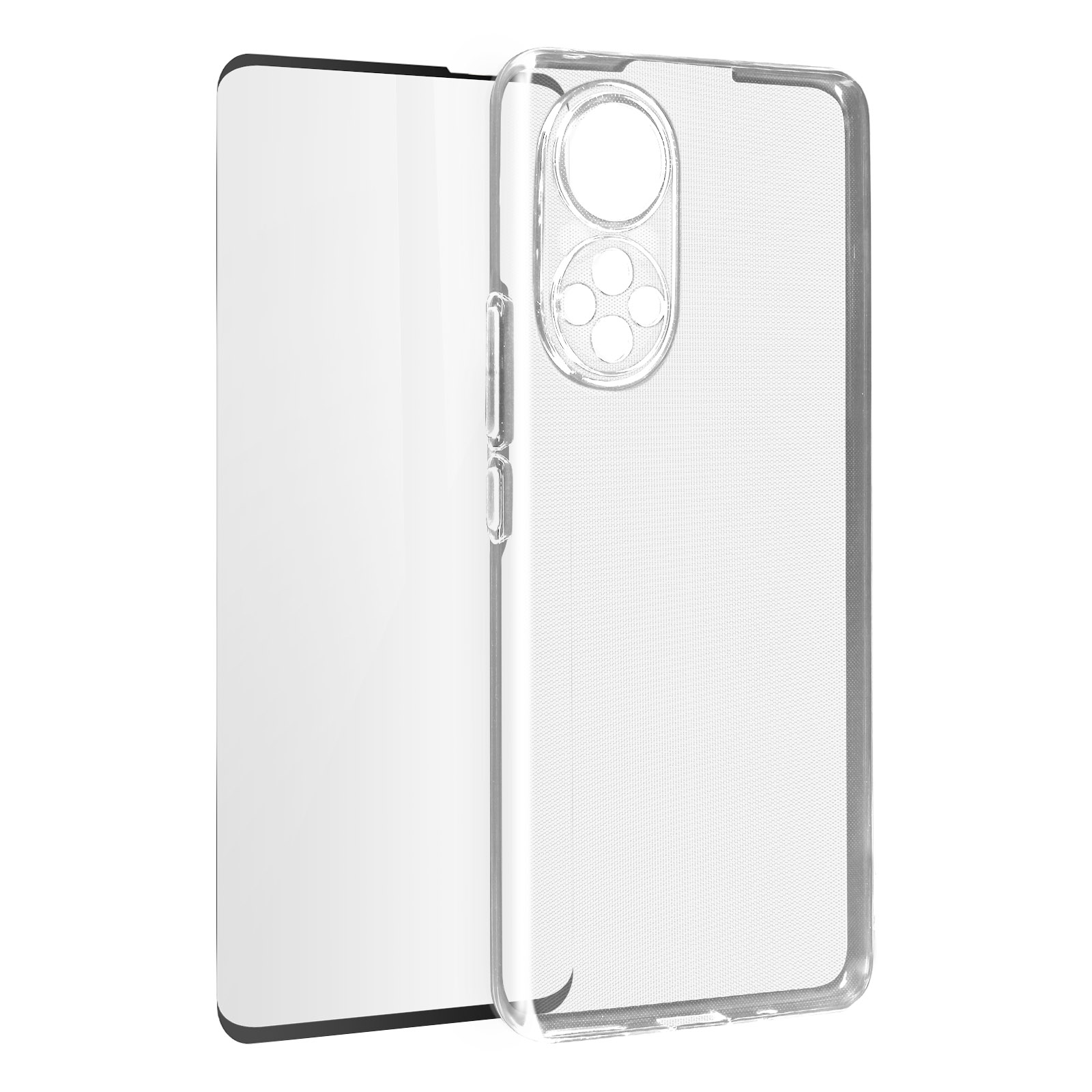 Smartphone con custodia trasparente, che mostra fronte e retro, con protezione schermo.