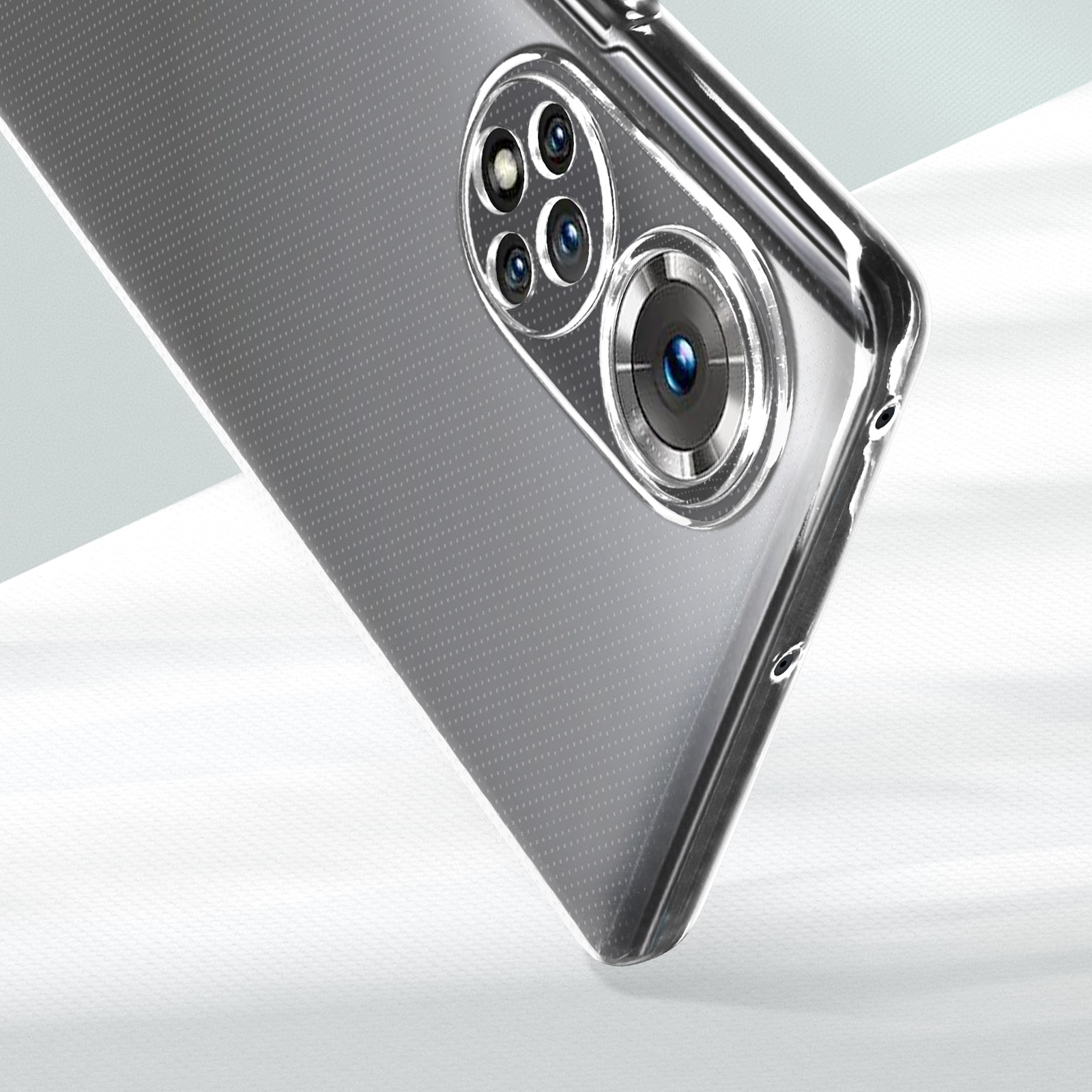 Custodia trasparente per telefono con più fotocamere. La custodia è su una superficie bianca. Design unico.