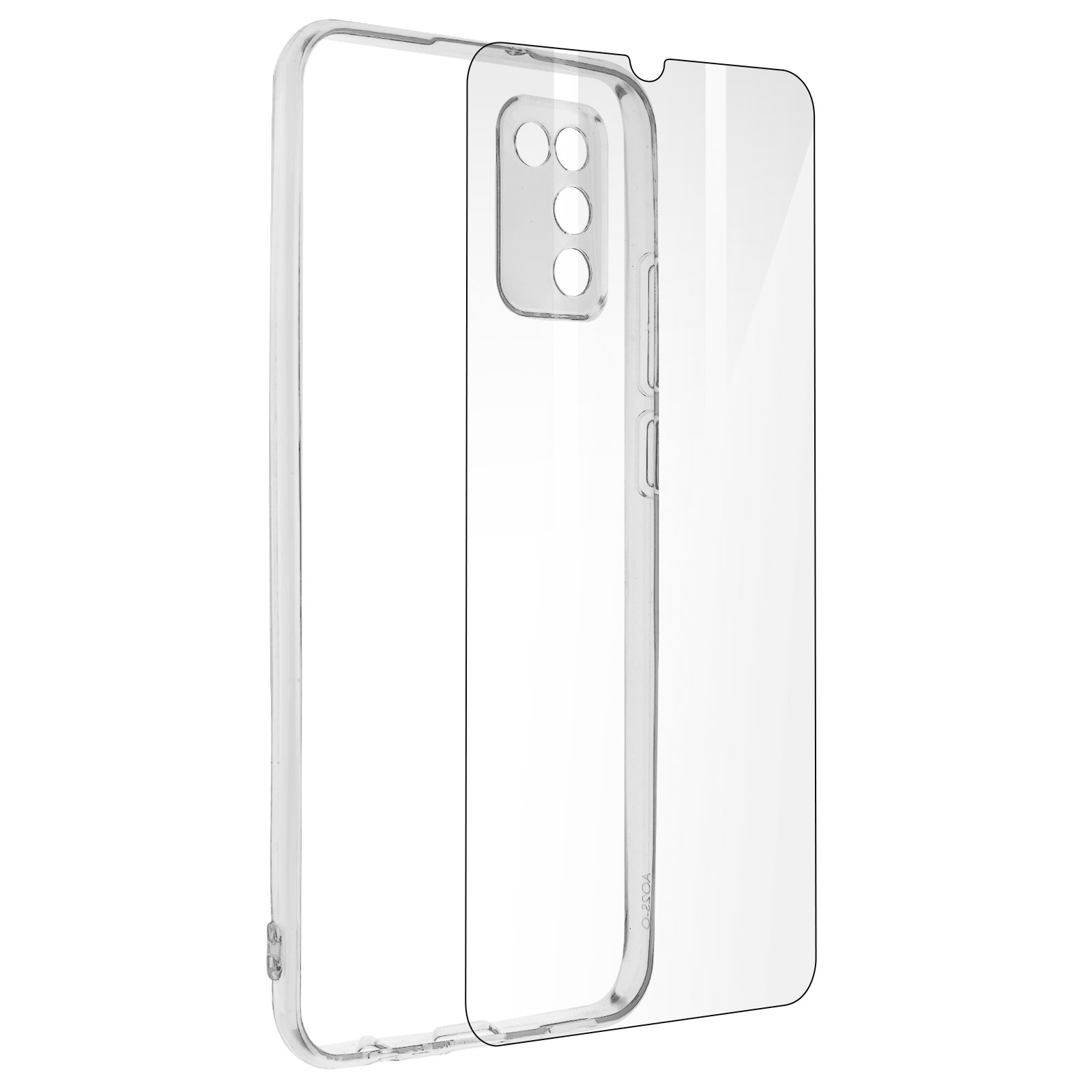 Custodia trasparente per telefono e protezione schermo. Tre ritagli per fotocamera sono visibili.