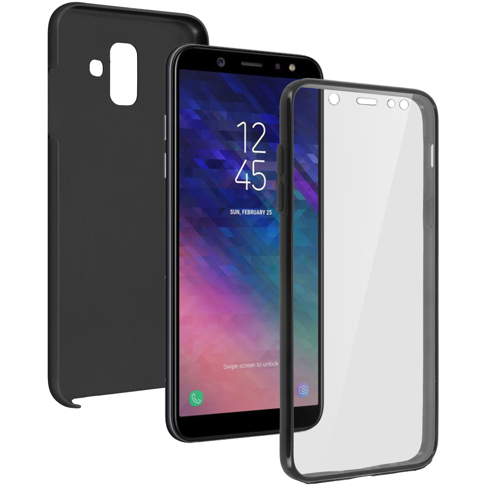 Telefono nero con protezione schermo e custodia. Il telefono mostra una schermata iniziale.