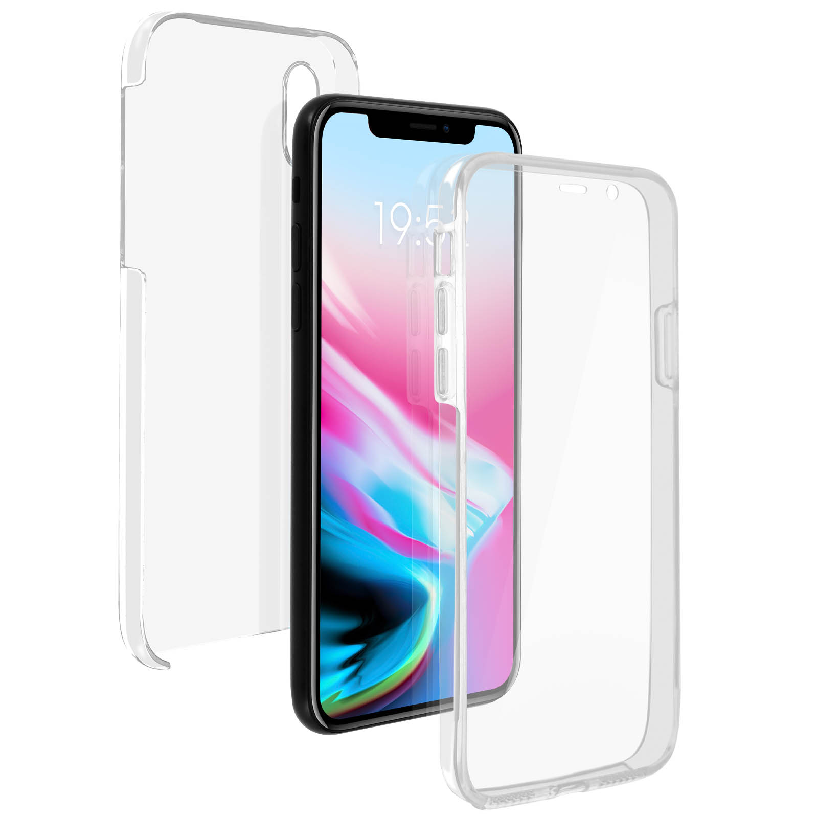 Telefono e due custodie protettive trasparenti. Schermo visibile. Sfondo bianco.