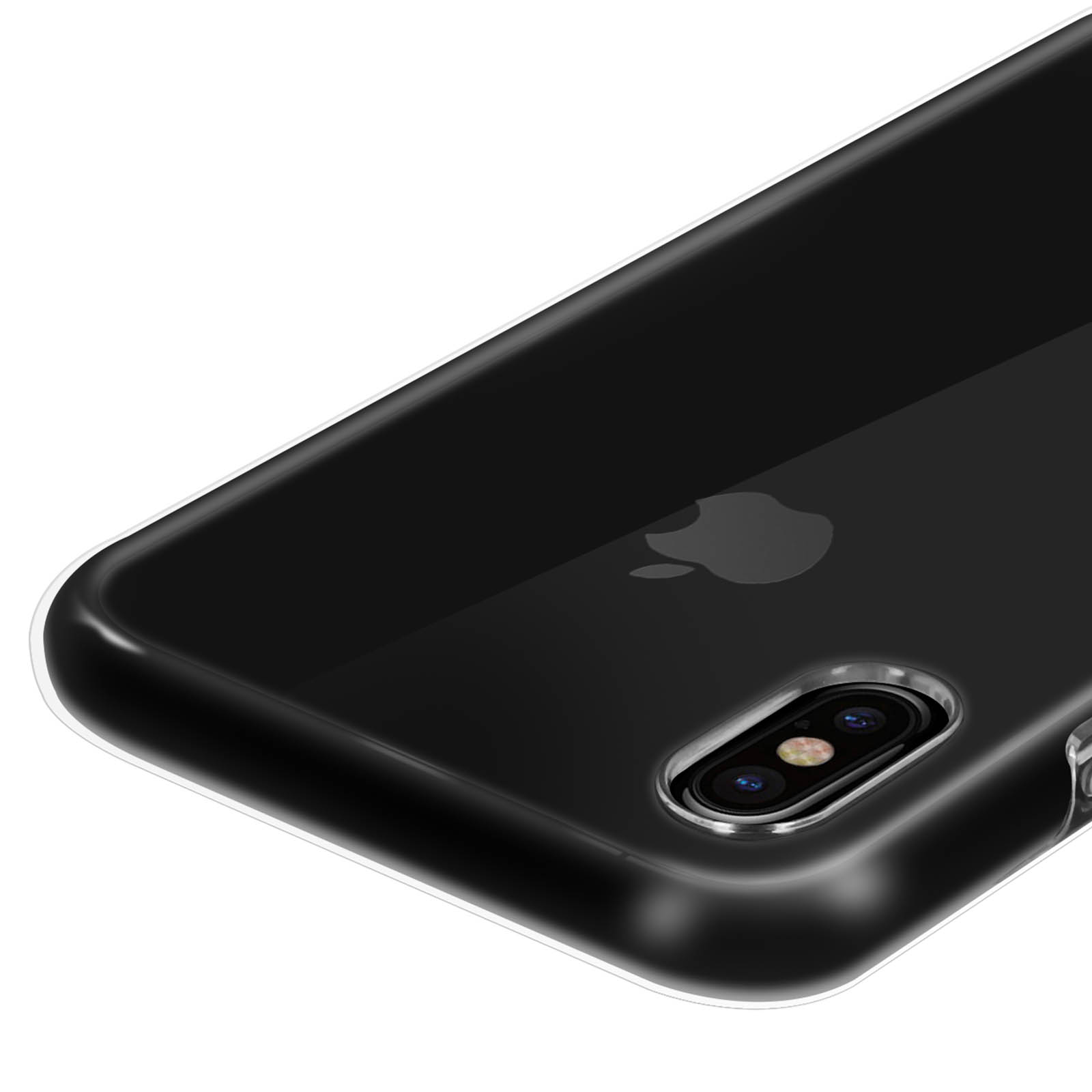 Primo piano di una custodia nera con logo Apple e lenti della fotocamera. Bordi trasparenti in plastica.
