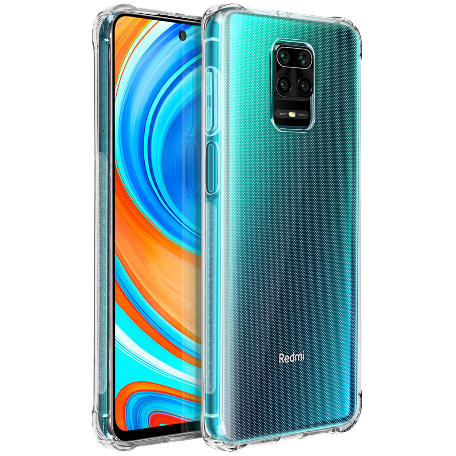 Un primo piano di una custodia per telefono con un telefono Redmi. La custodia è trasparente e mostra il retro del telefono.