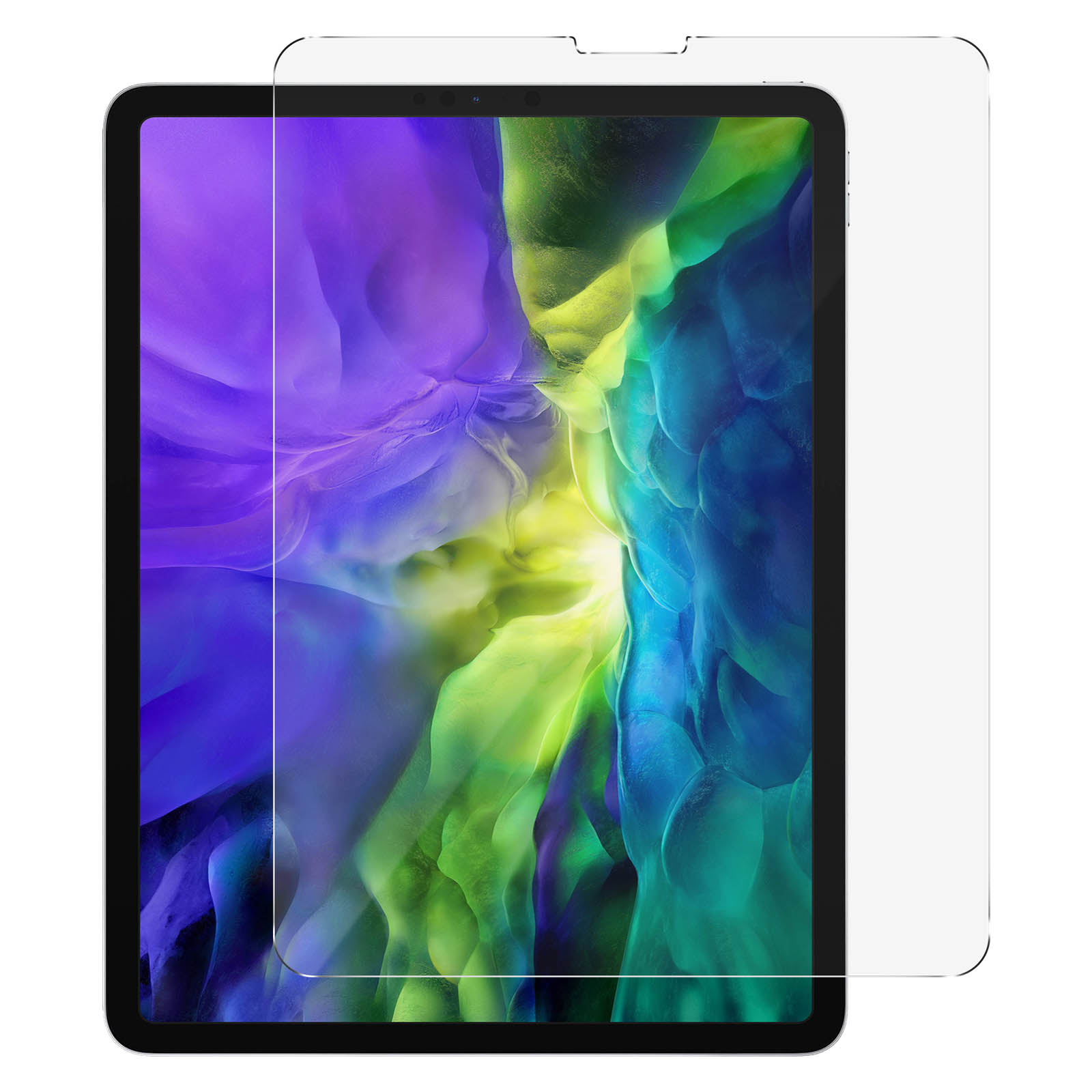 Tablet con protezione schermo applicata. Protezione schermo trasparente, il tablet è viola e bianco sullo schermo.