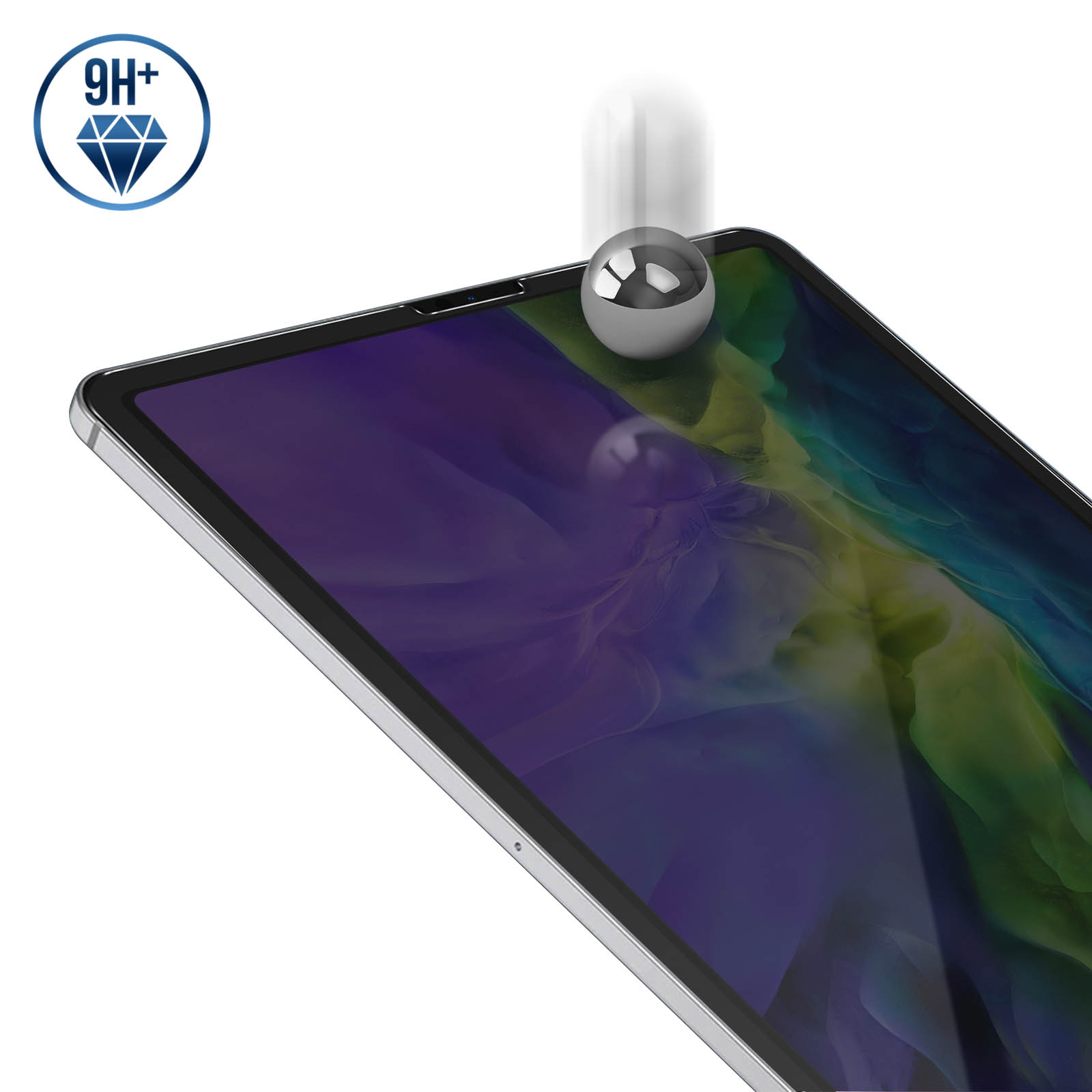 Tablet con protezione schermo e una palla che cade. Sfondo bianco.