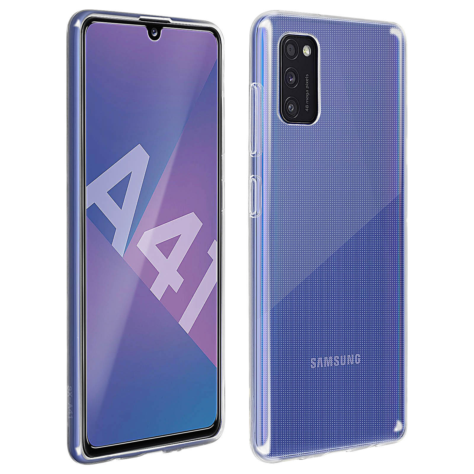 Un telefono con custodia trasparente. Lo schermo mostra un motivo blu e viola. Logo Samsung.