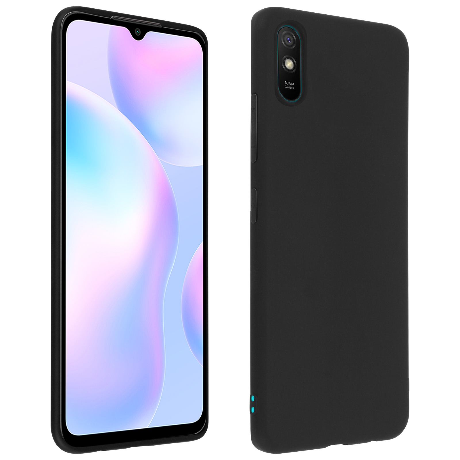 Telefono nero con custodia. Lo schermo mostra uno sfondo azzurro con un design.
