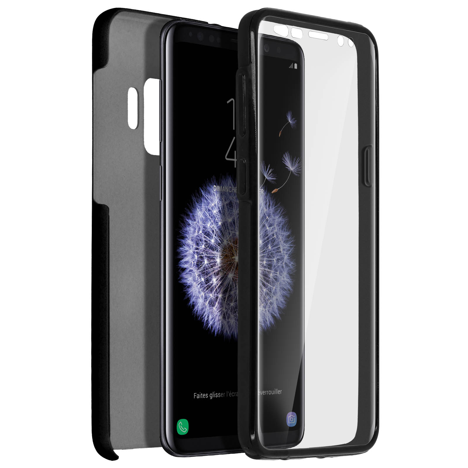 Telefon mit eingeschaltetem Bildschirm und Hülle. Das Telefon hat einen schwarzen Rahmen.