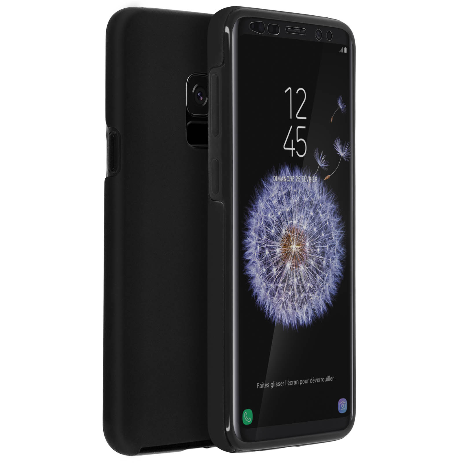 Schwarzes Telefon in schwarzer Hülle, zeigt einen Bildschirm mit Pusteblume und Uhrzeit.