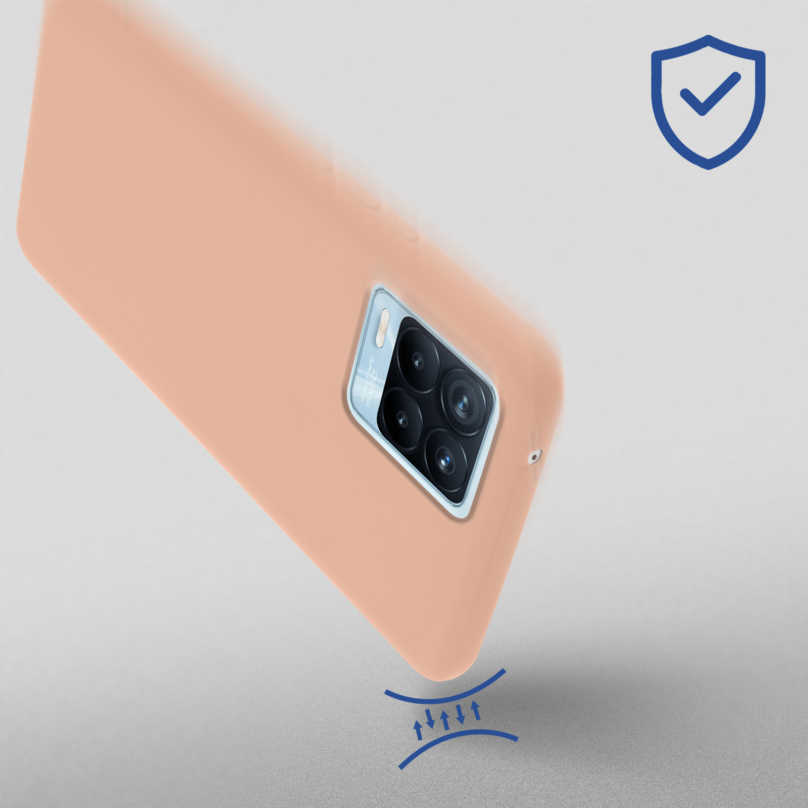 Custodia per telefono color pesca con protuberanza della fotocamera. Uno scudo e frecce sullo sfondo.